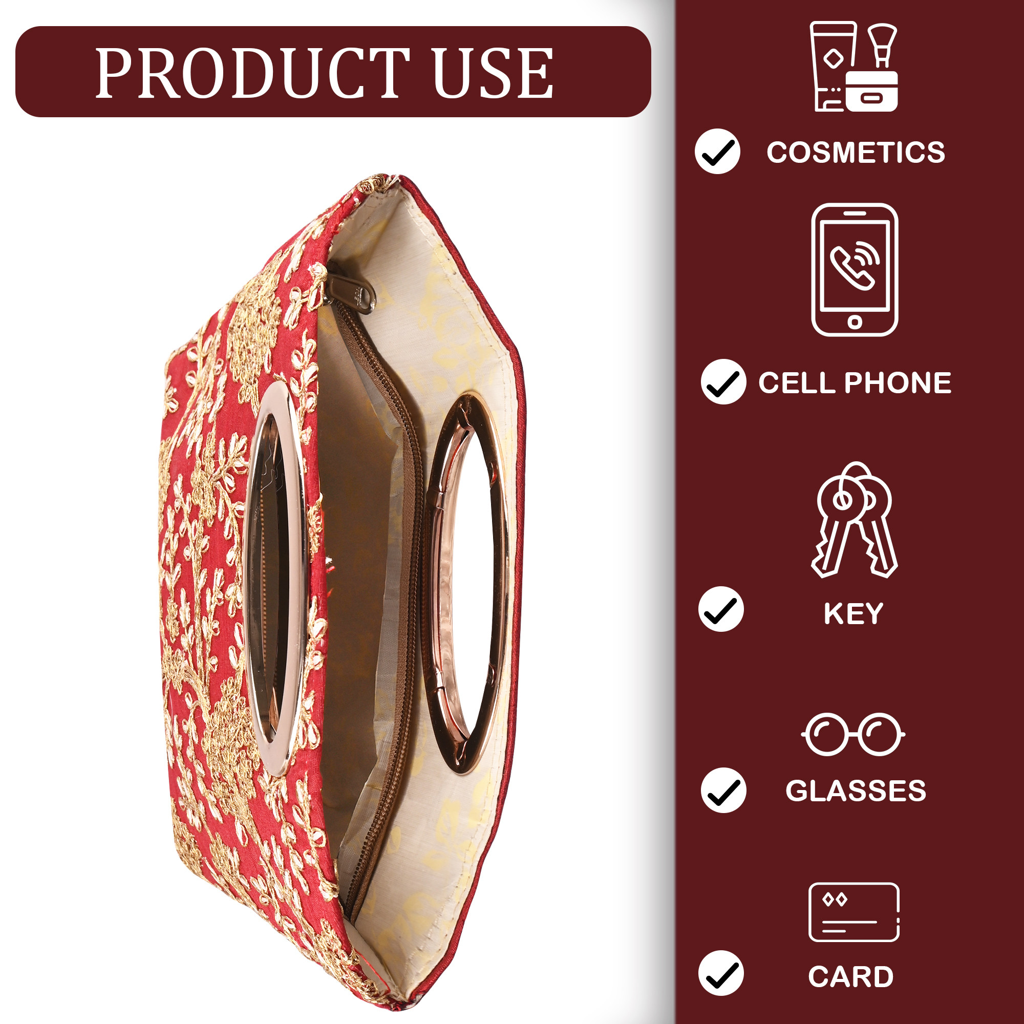 Kuber Industries Polyester Kada Hand Purse for Woman with Zip  Lightweight  Compact Ladies Purse for Travelling Party Wedding  Events  Embroidery Design - Maroon