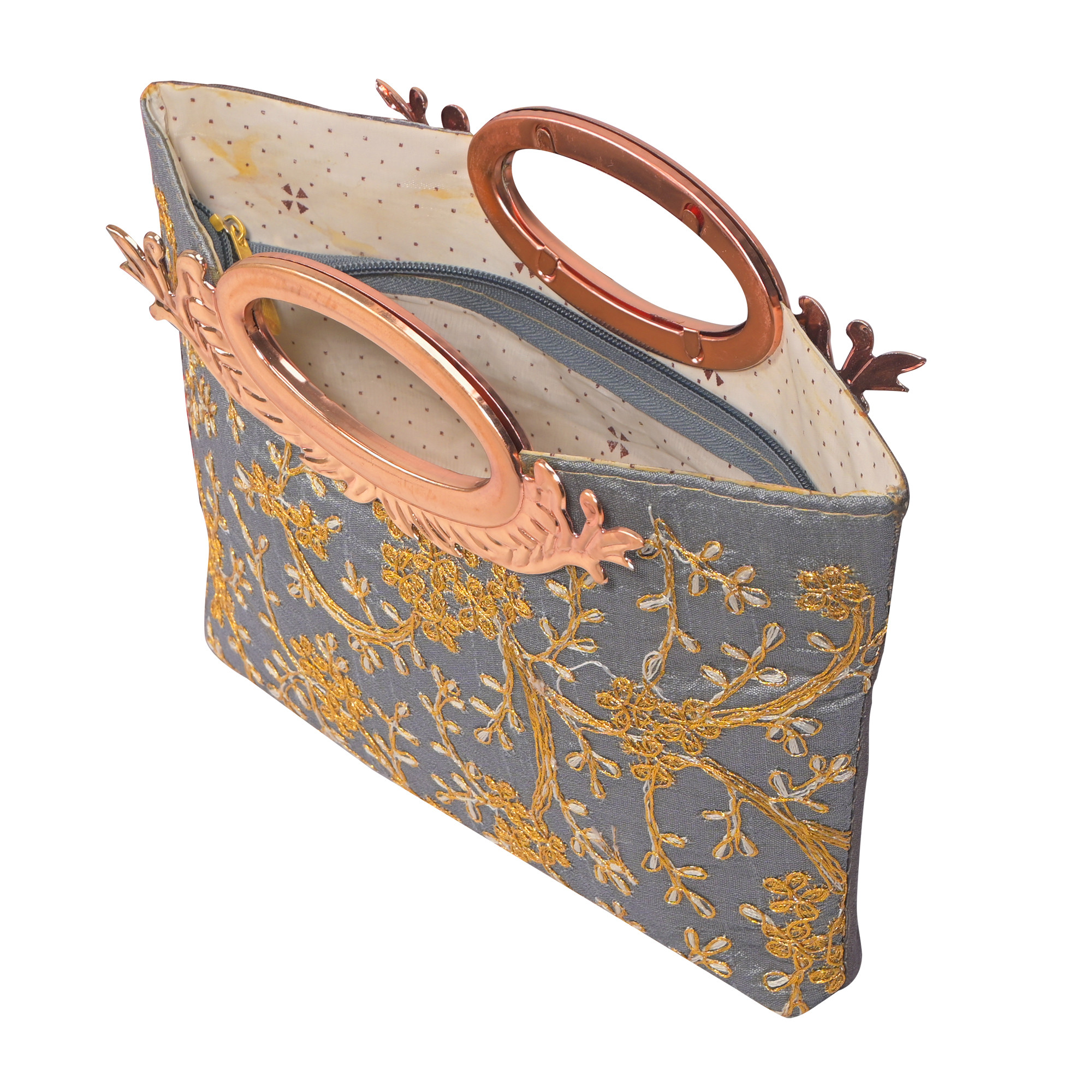 Kuber Industries Polyester Kada Hand Purse for Woman with Zip  Lightweight  Compact Ladies Purse for Travelling Party Wedding  Events  Embroidery Design - Grey