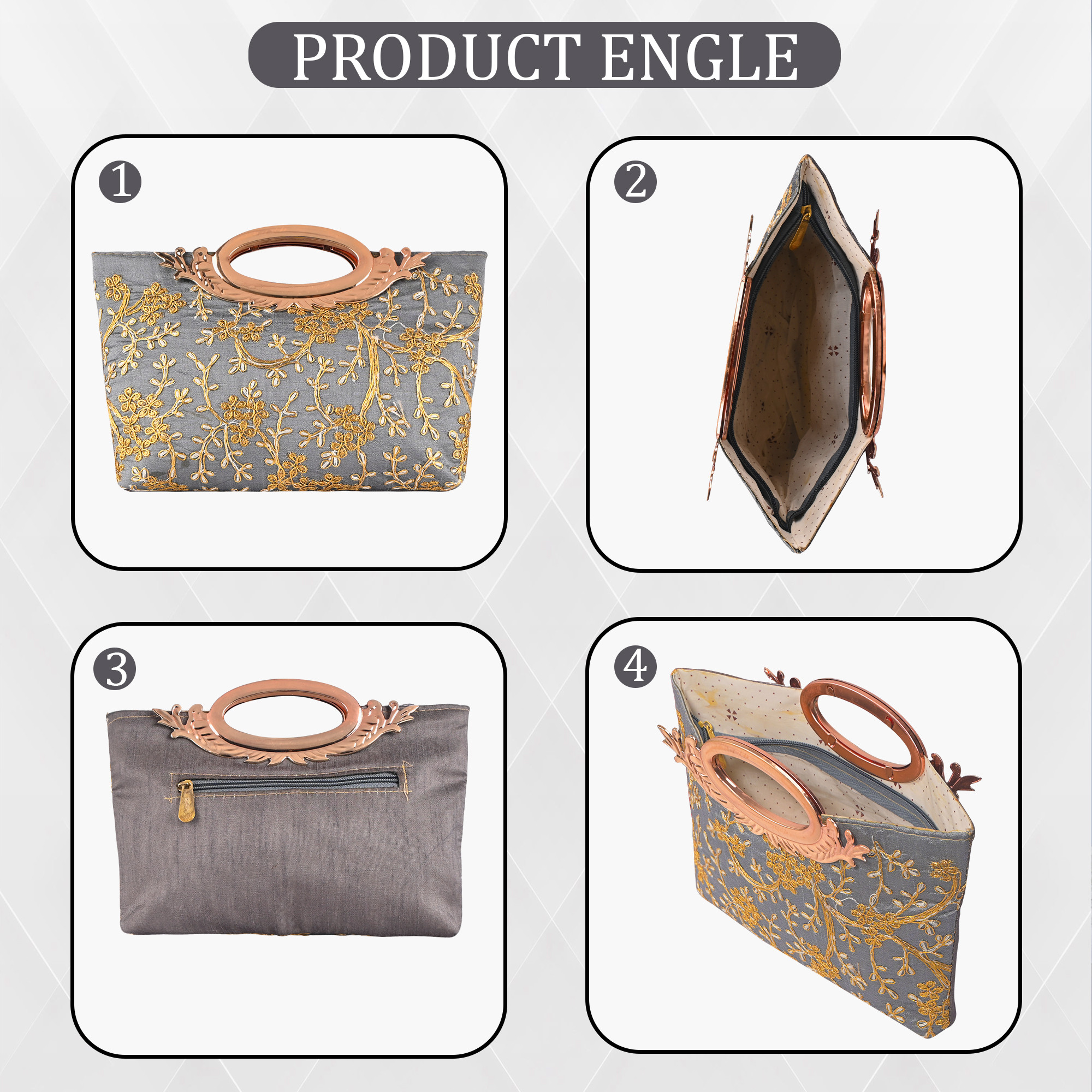 Kuber Industries Polyester Kada Hand Purse for Woman with Zip  Lightweight  Compact Ladies Purse for Travelling Party Wedding  Events  Embroidery Design - Grey