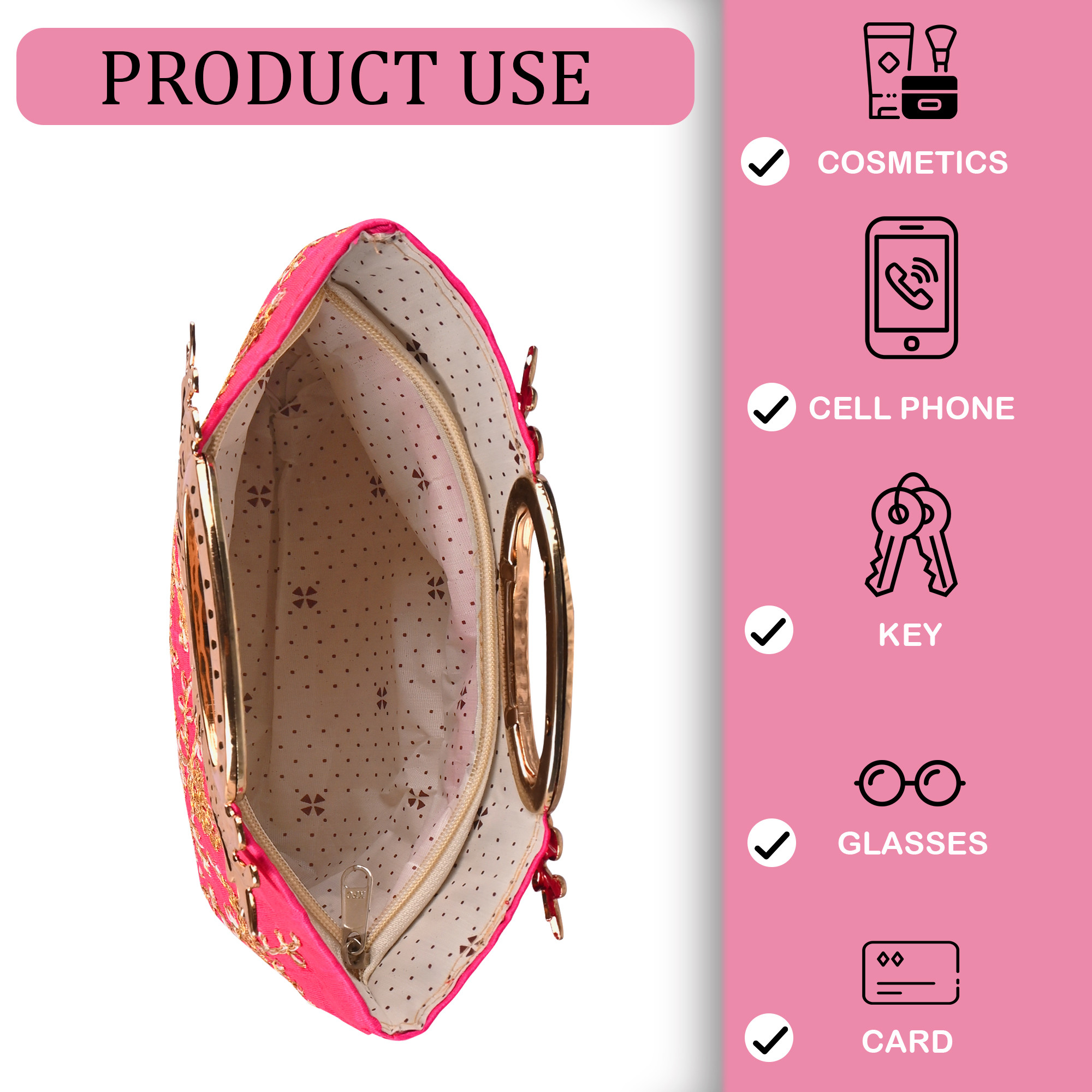 Kuber Industries Polyester Kada Hand Purse for Woman with Zip  Lightweight  Compact Ladies Purse for Travelling Party Wedding  Events  Embroidery Design - Light Pink