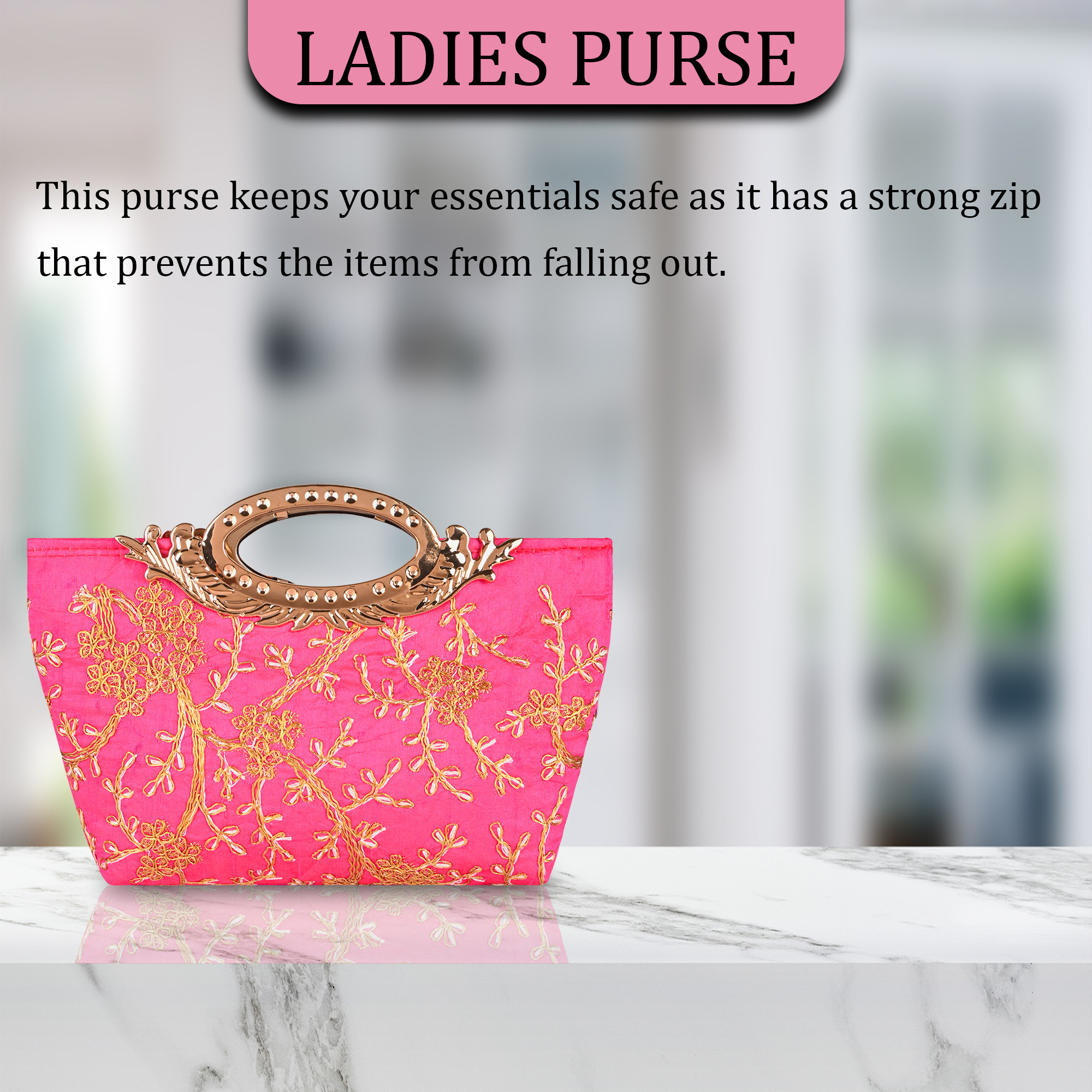 Kuber Industries Polyester Kada Hand Purse for Woman with Zip  Lightweight  Compact Ladies Purse for Travelling Party Wedding  Events  Embroidery Design - Light Pink