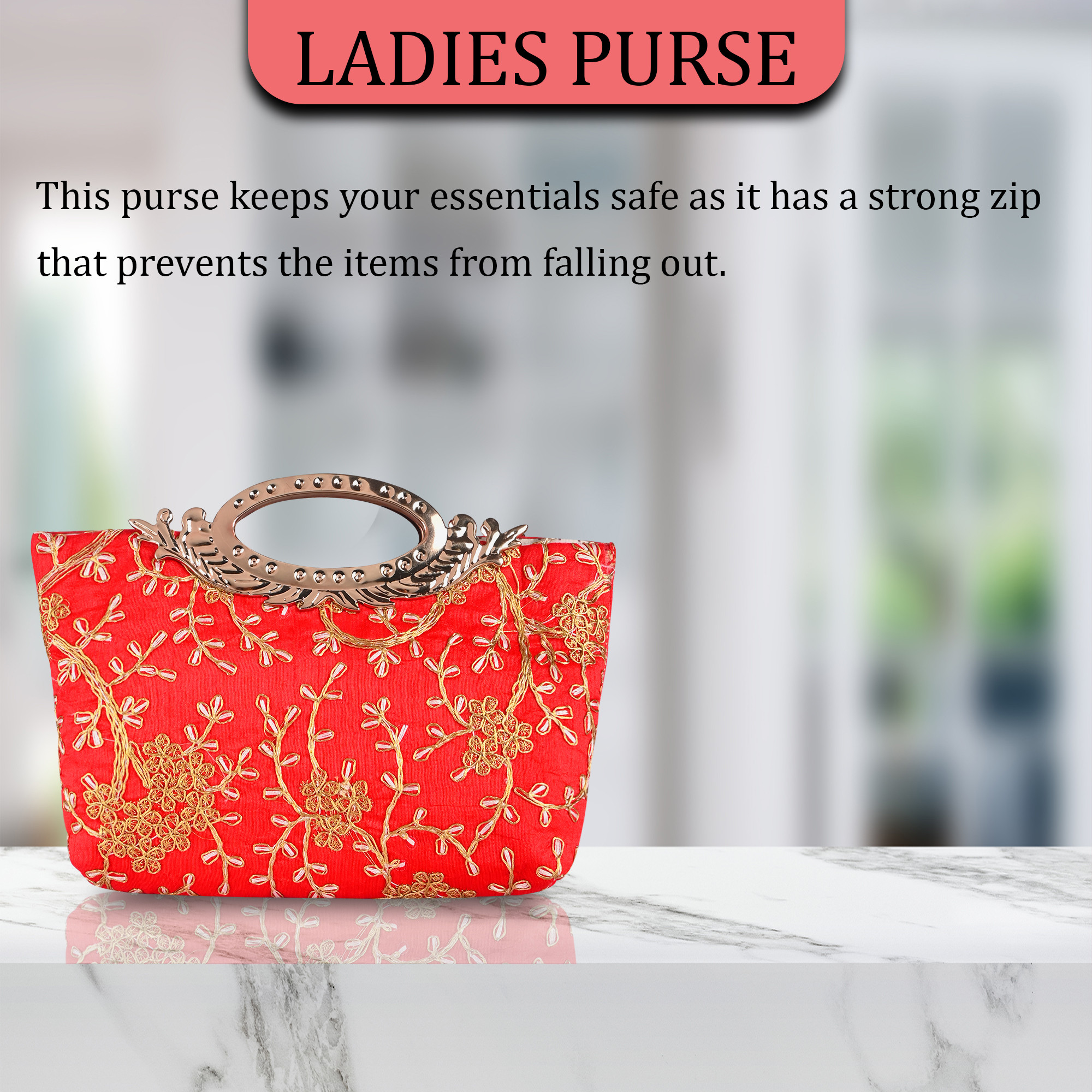 Kuber Industries Polyester Kada Hand Purse for Woman with Zip  Lightweight  Compact Ladies Purse for Travelling Party Wedding  Events  Embroidery Design - Red