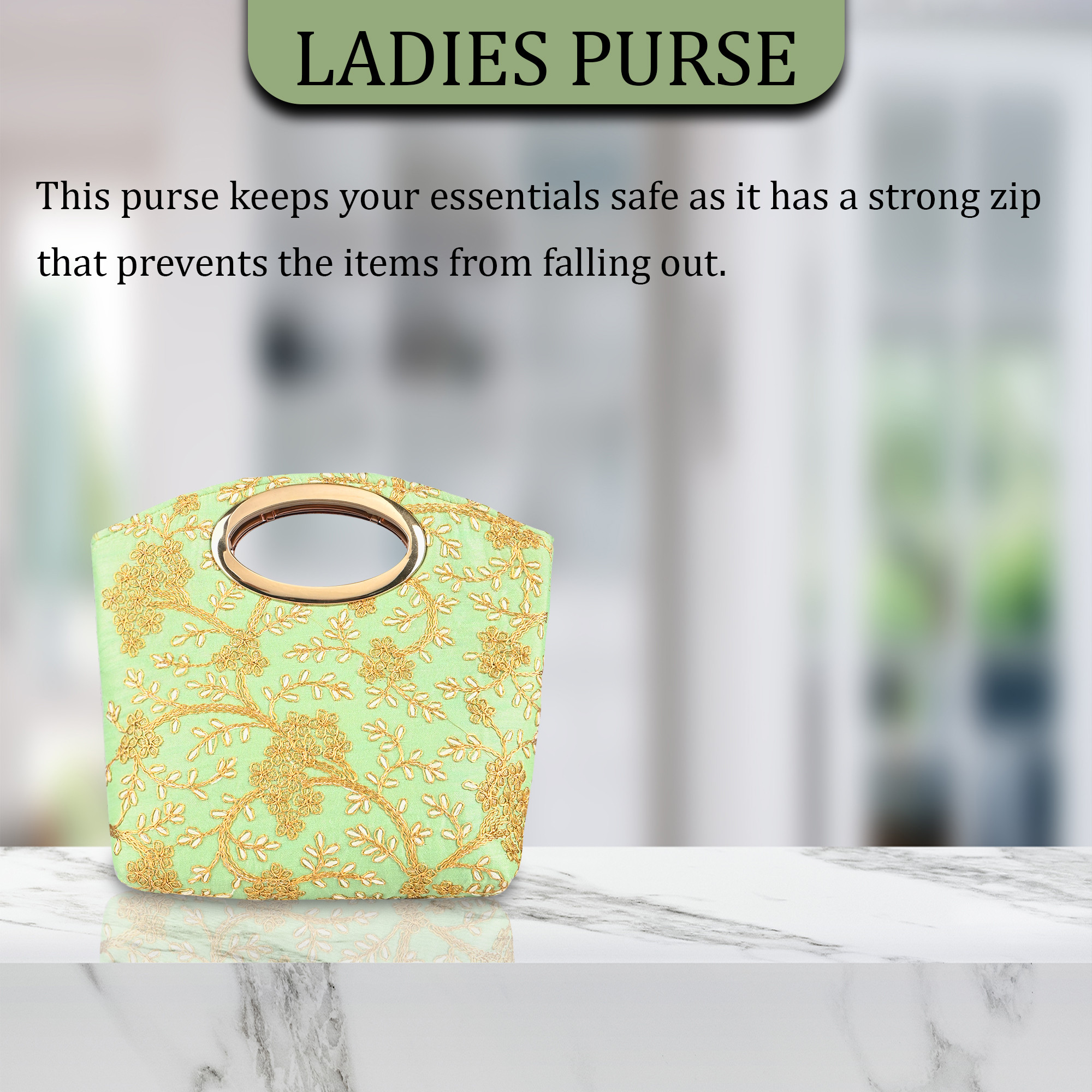 Kuber Industries Polyester Kada Hand Purse for Woman with Zip  Lightweight  Compact Ladies Purse for Travelling Party Wedding  Events  Embroidery Design - Green