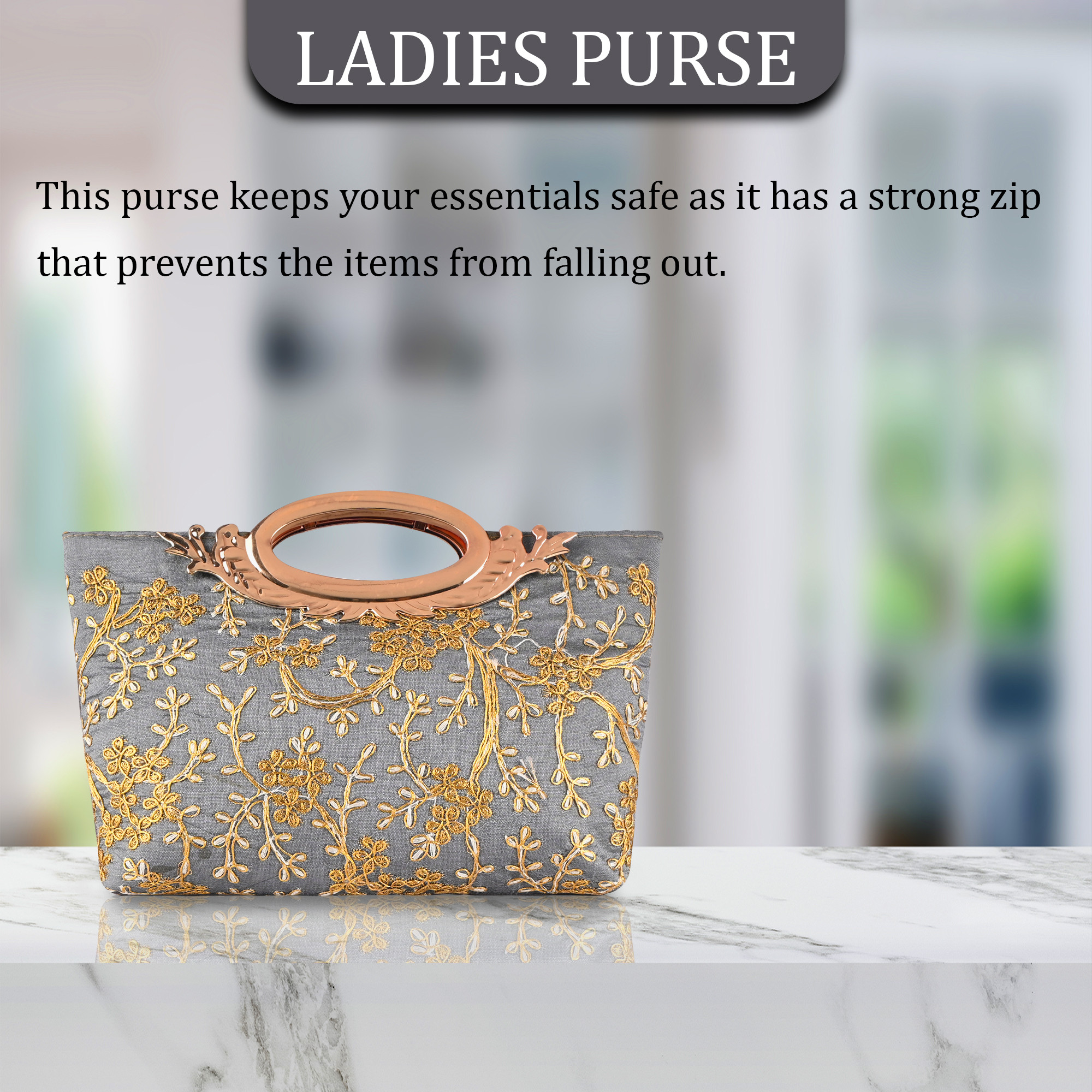 Kuber Industries Polyester Kada Hand Purse for Woman with Zip  Lightweight  Compact Ladies Purse for Travelling Party Wedding  Events  Embroidery Design - Grey