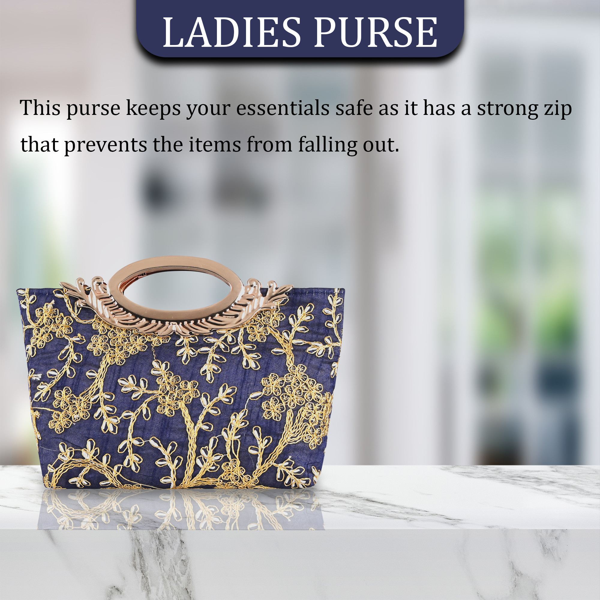 Kuber Industries Polyester Kada Hand Purse for Woman with Zip  Lightweight  Compact Ladies Purse for Travelling Party Wedding  Events  Embroidery Design - Blue