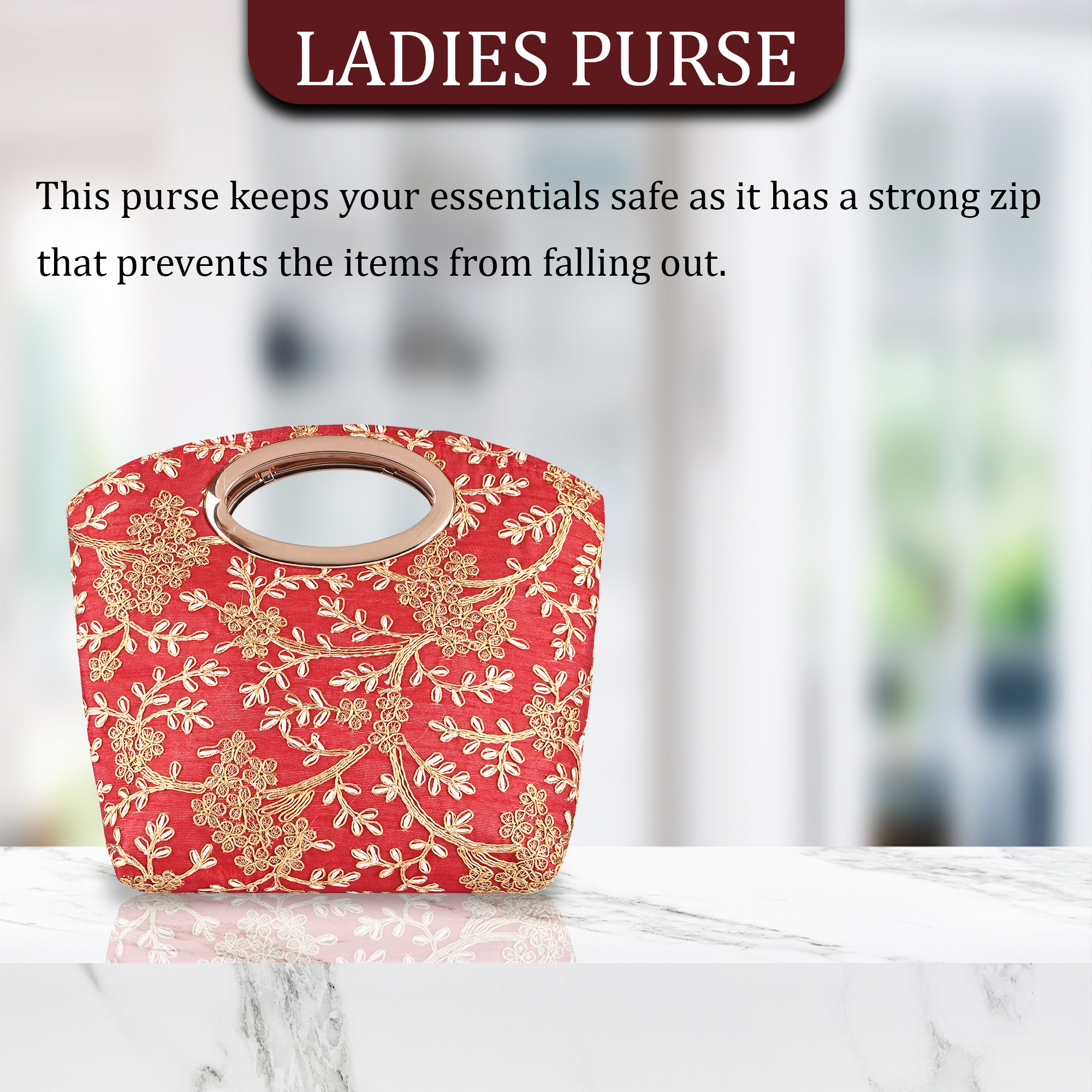 Kuber Industries Polyester Kada Hand Purse for Woman with Zip  Lightweight  Compact Ladies Purse for Travelling Party Wedding  Events  Embroidery Design - Maroon