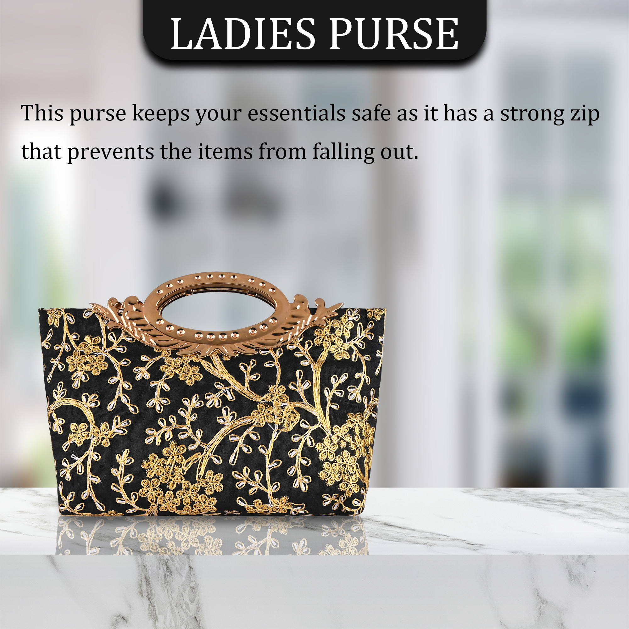 Kuber Industries Polyester Kada Hand Purse for Woman with Zip  Lightweight  Compact Ladies Purse for Travelling Party Wedding  Events  Embroidery Design - Black