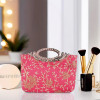 Polyester Kada Hand Purse for Woman with Zip | Lightweight & Compact Ladies Purse for Travelling, Party, Wedding & Events | Embroidery Design - Pink