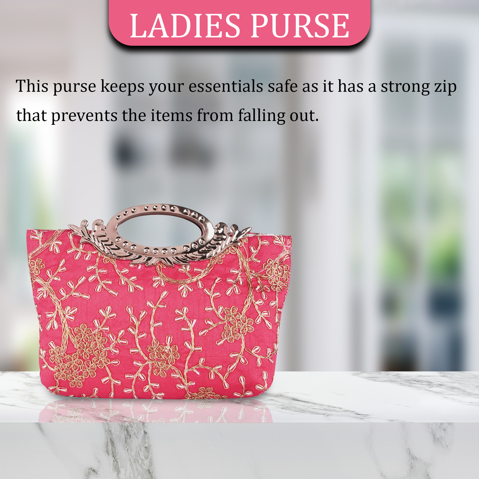 Kuber Industries Polyester Kada Hand Purse for Woman with Zip  Lightweight  Compact Ladies Purse for Travelling Party Wedding  Events  Embroidery Design - Pink
