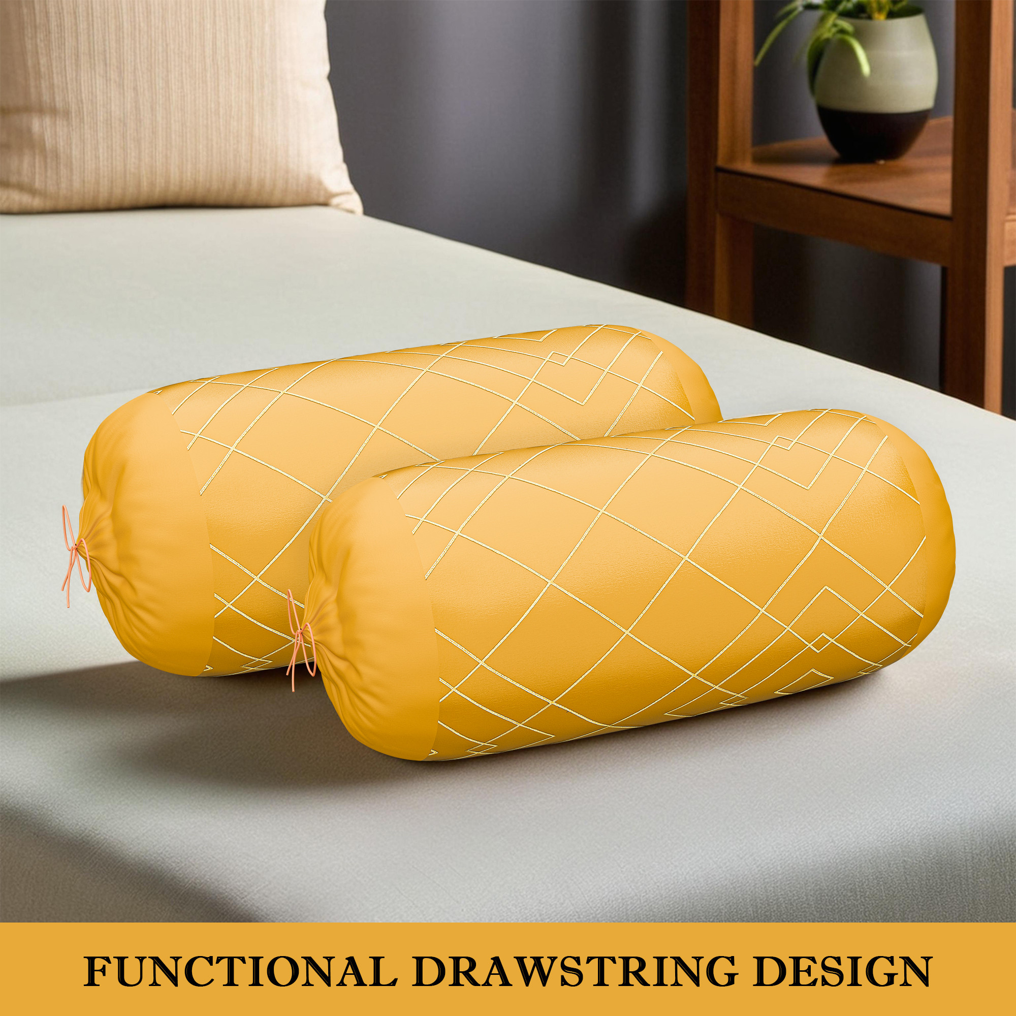 Kuber Industries Polyester Long Bolster Pillow Cover Set of 2 with Drawstring Closure for Living Room  Diwan and Bedside Round Pillow Cover for Home Decor  9 Box Check - Yellow