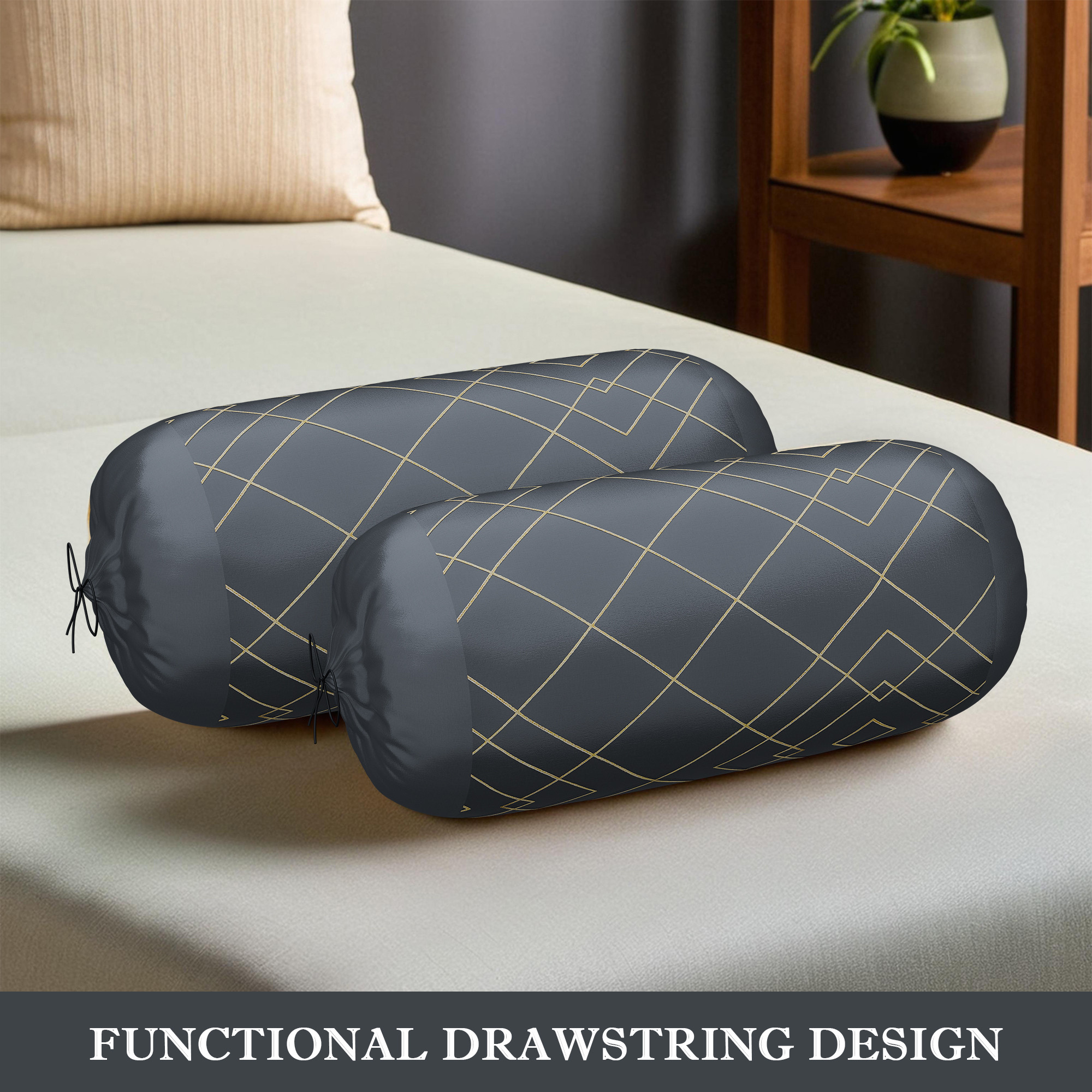 Kuber Industries Polyester Long Bolster Pillow Cover Set of 2 with Drawstring Closure for Living Room  Diwan and Bedside Round Pillow Cover for Home Decor  9 Box Check - Grey