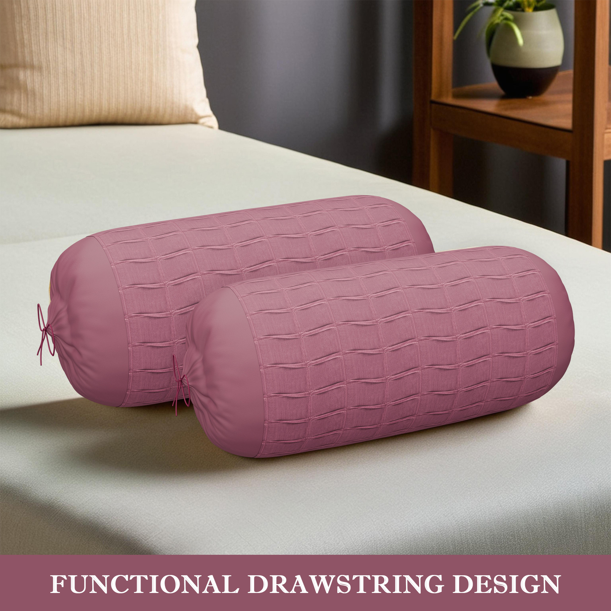 Kuber Industries Polyester Long Bolster Pillow Cover Set of 2 with Drawstring Closure for Living Room  Diwan and Bedside Round Pillow Cover for Home Decor  7 Wave - Onion Pink