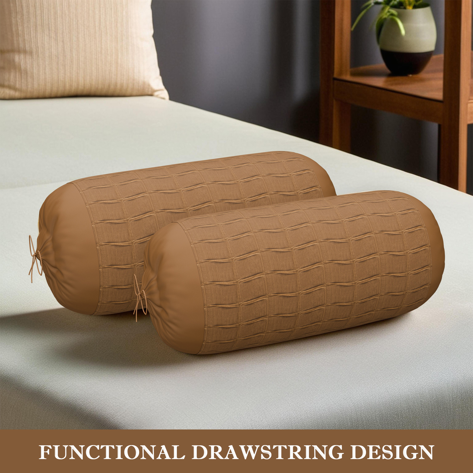 Kuber Industries Polyester Long Bolster Pillow Cover Set of 2 with Drawstring Closure for Living Room  Diwan and Bedside Round Pillow Cover for Home Decor  7 Wave - Light Coffee