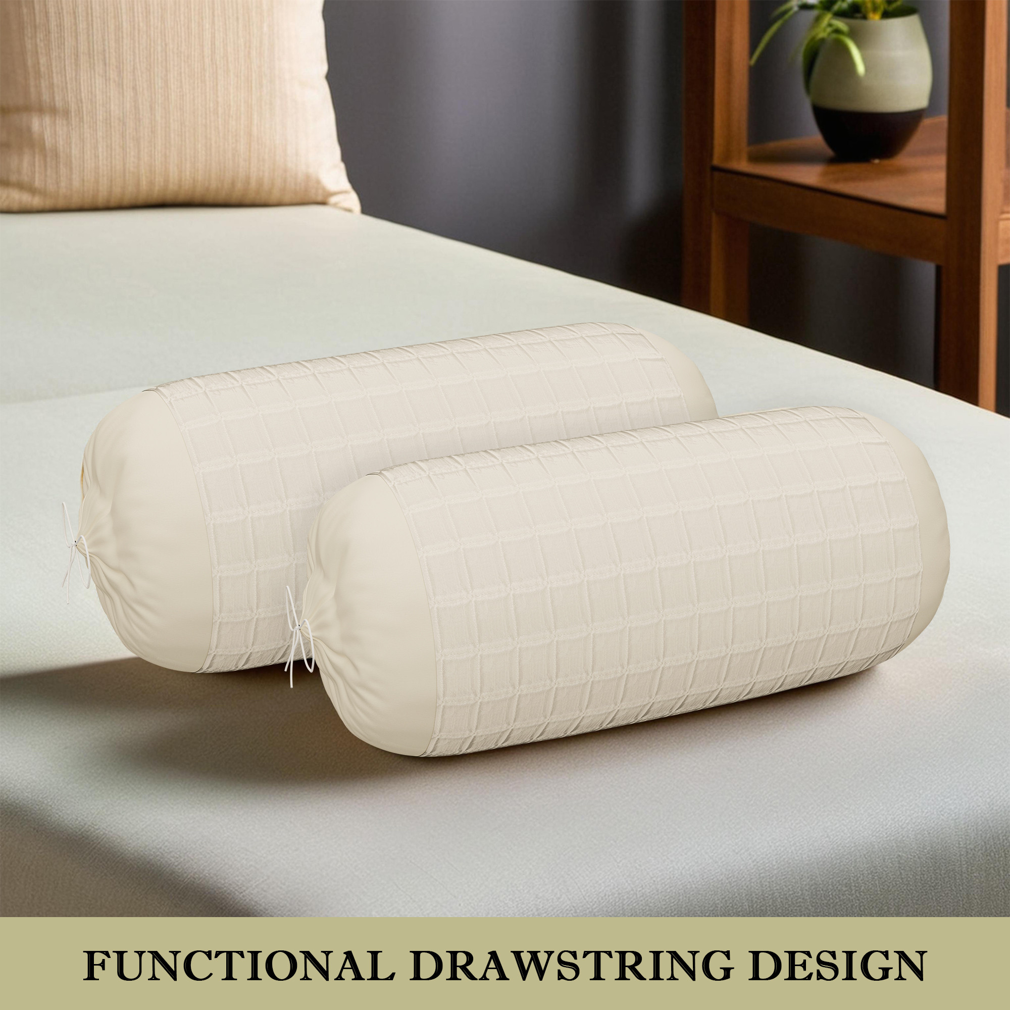 Kuber Industries Polyester Long Bolster Pillow Cover Set of 2 with Drawstring Closure for Living Room  Diwan and Bedside Round Pillow Cover for Home Decor  Plain Check Quilted - Light Cream