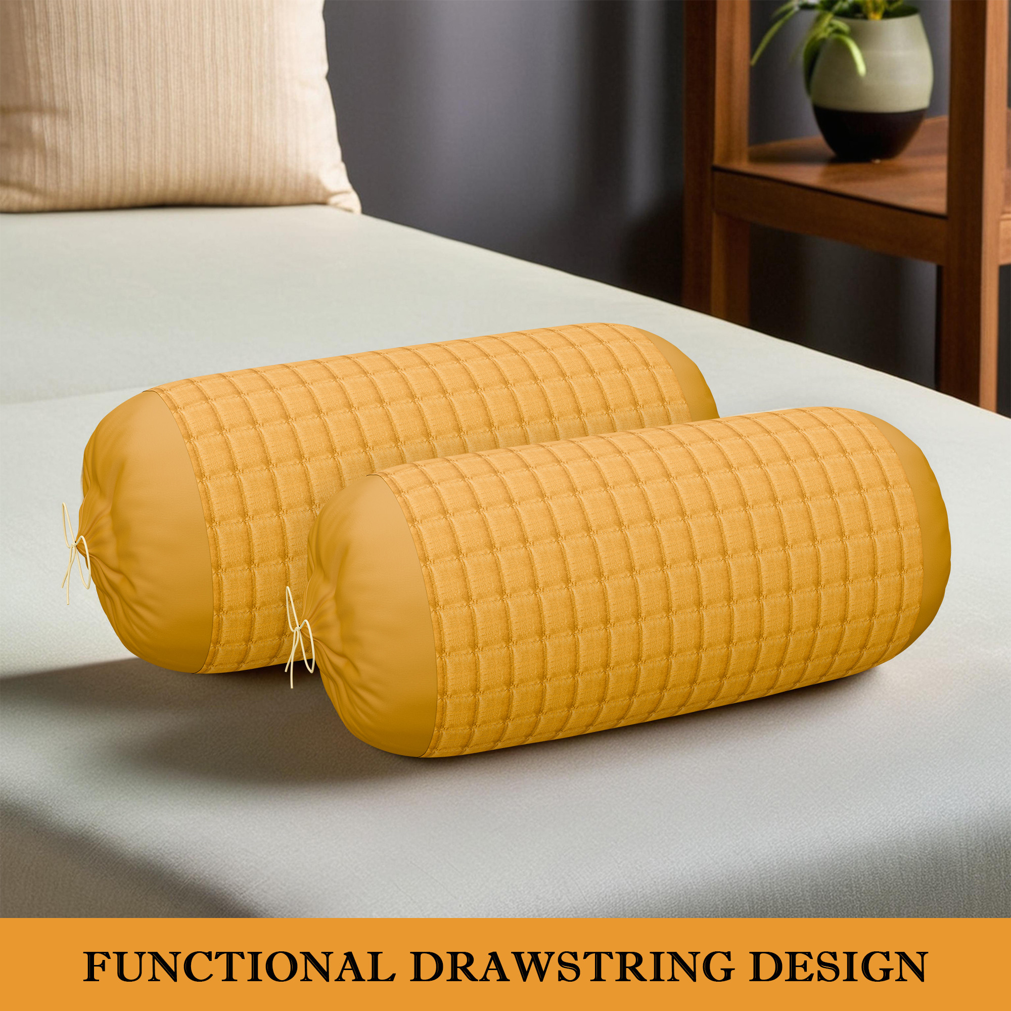 Kuber Industries Polyester Long Bolster Pillow Cover Set of 2 with Drawstring Closure for Living Room  Diwan and Bedside Round Pillow Cover for Home Decor  Plain Check Quilted - Mustard