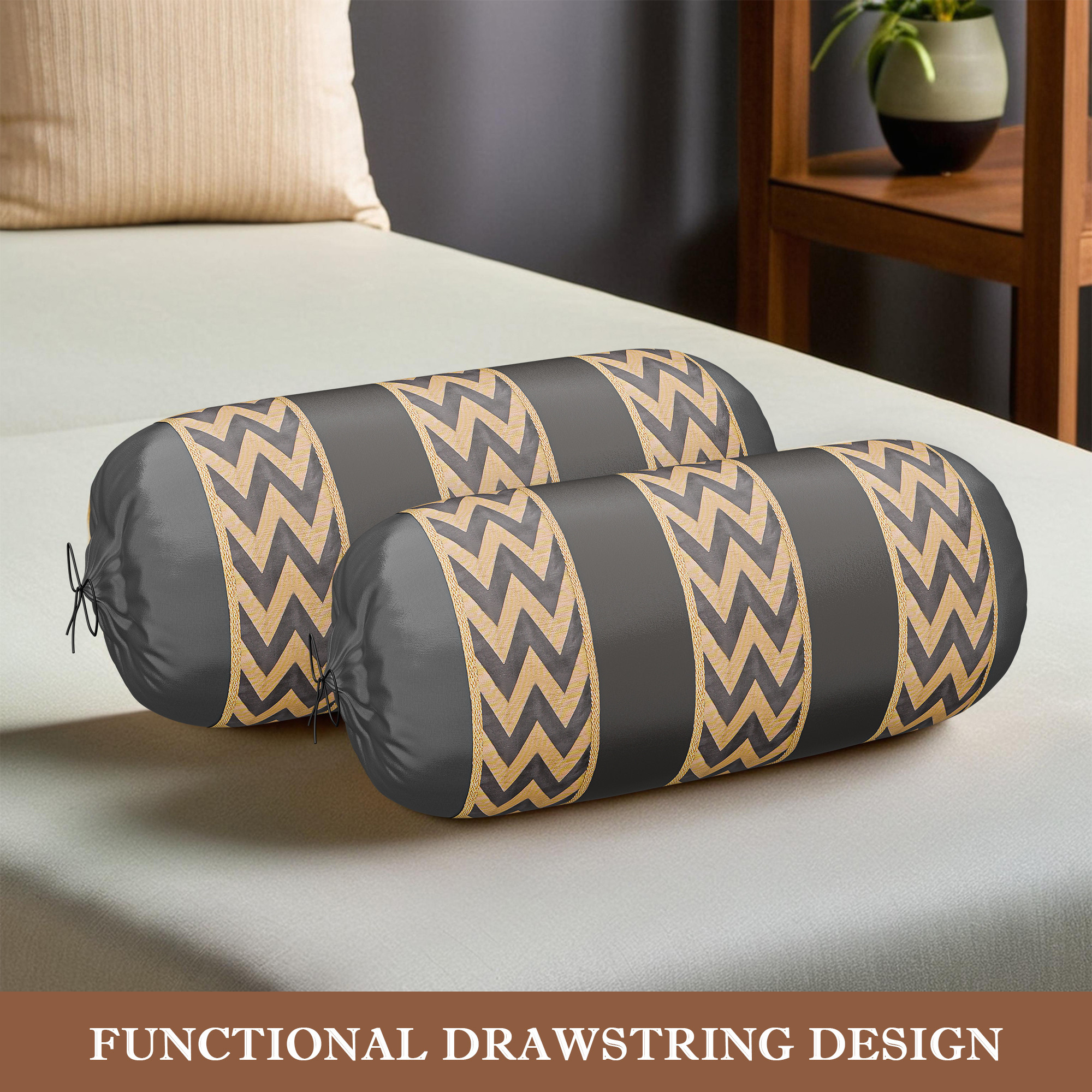 Kuber Industries Polyester Long Bolster Pillow Cover Set of 2 with Drawstring Closure for Living Room  Diwan and Bedside Round Pillow Cover for Home Decor  Zig Zag 3 Stripe - Grey