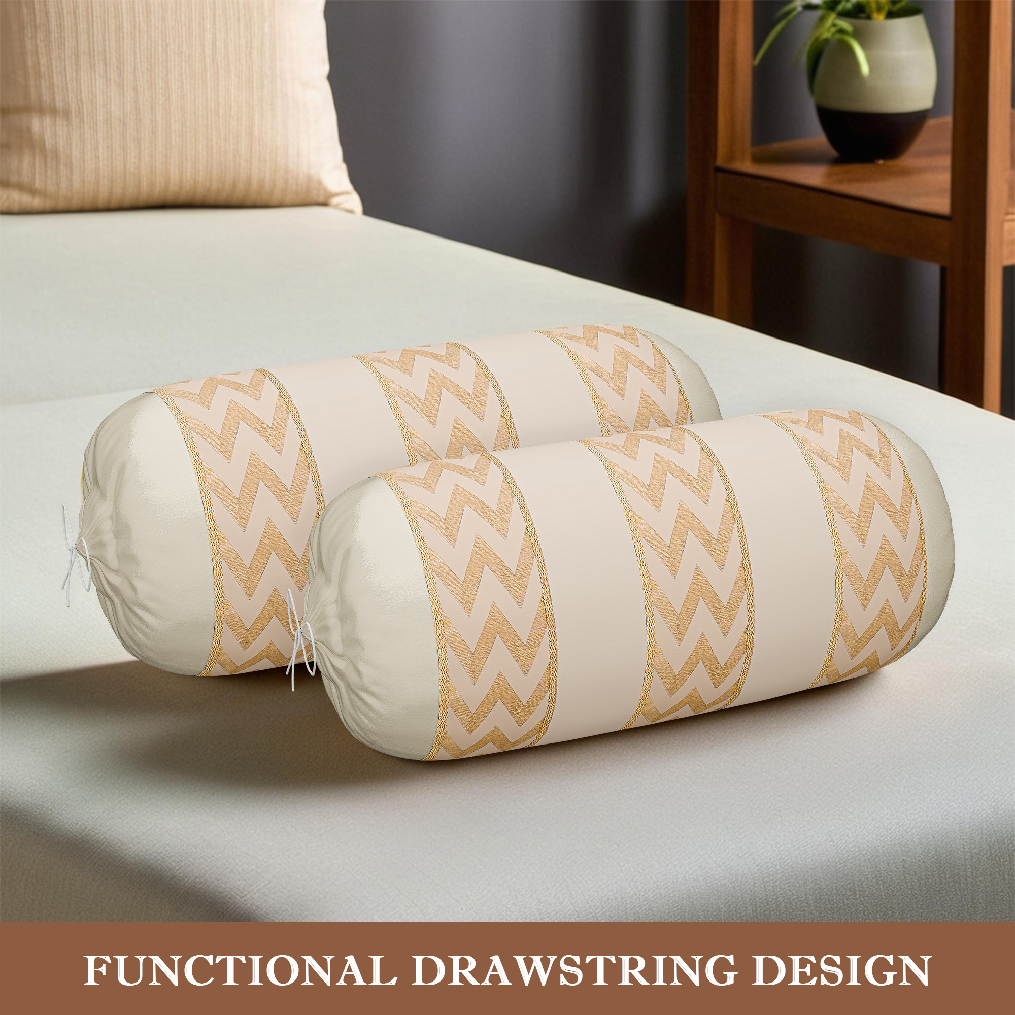 Kuber Industries Polyester Long Bolster Pillow Cover Set of 2 with Drawstring Closure for Living Room  Diwan and Bedside Round Pillow Cover for Home Decor  Zig Zag 3 Stripe - Cream