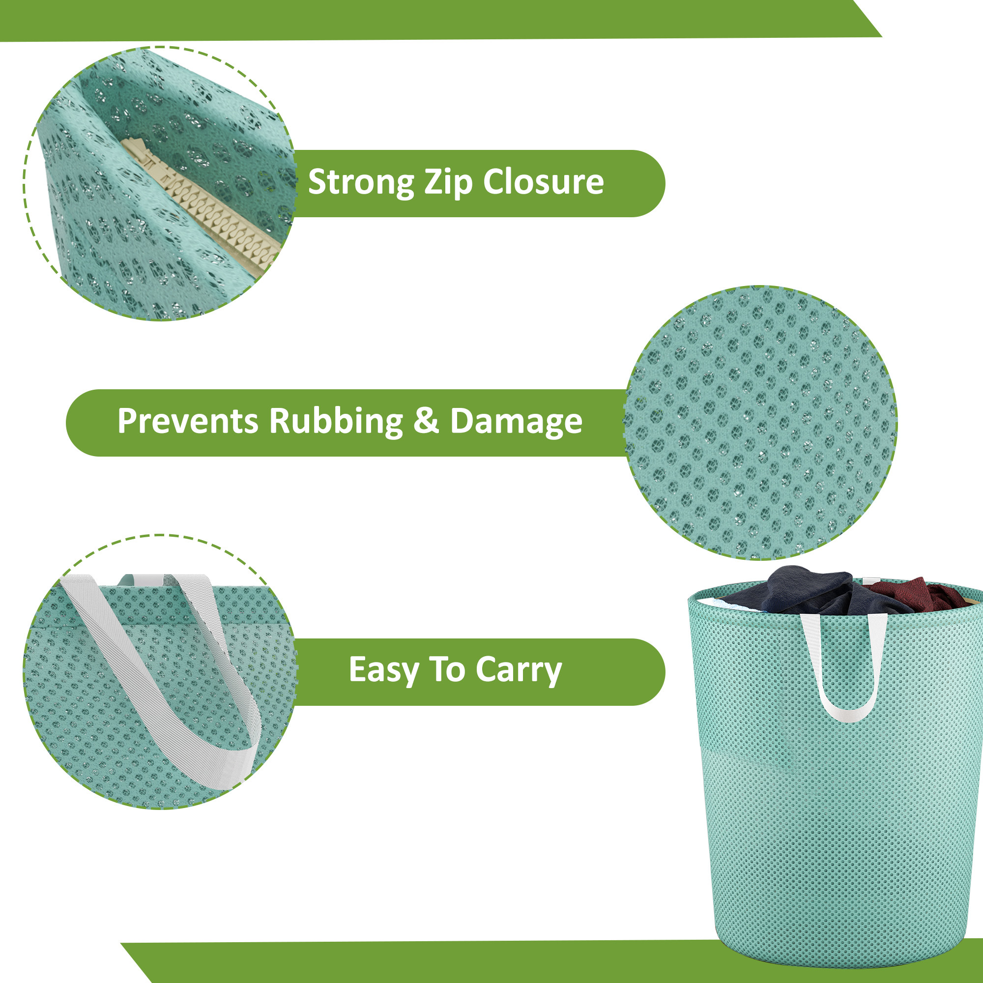 Kuber Industries Polyester Mesh Laundry Bag with Zip  Handles  Reusable Washing Bags for Washing Machine  Ideal for Lingerie Delicate Fabrics  Shoes Protection  YZ-5-2  Green