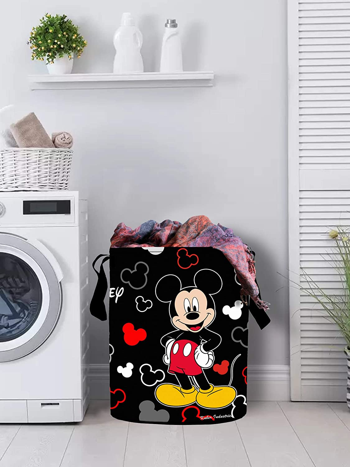 Kuber Industries Polyester Mickey Mouse Print Waterproof & Foldable Laundry Basket, 45 Ltr.(Black)