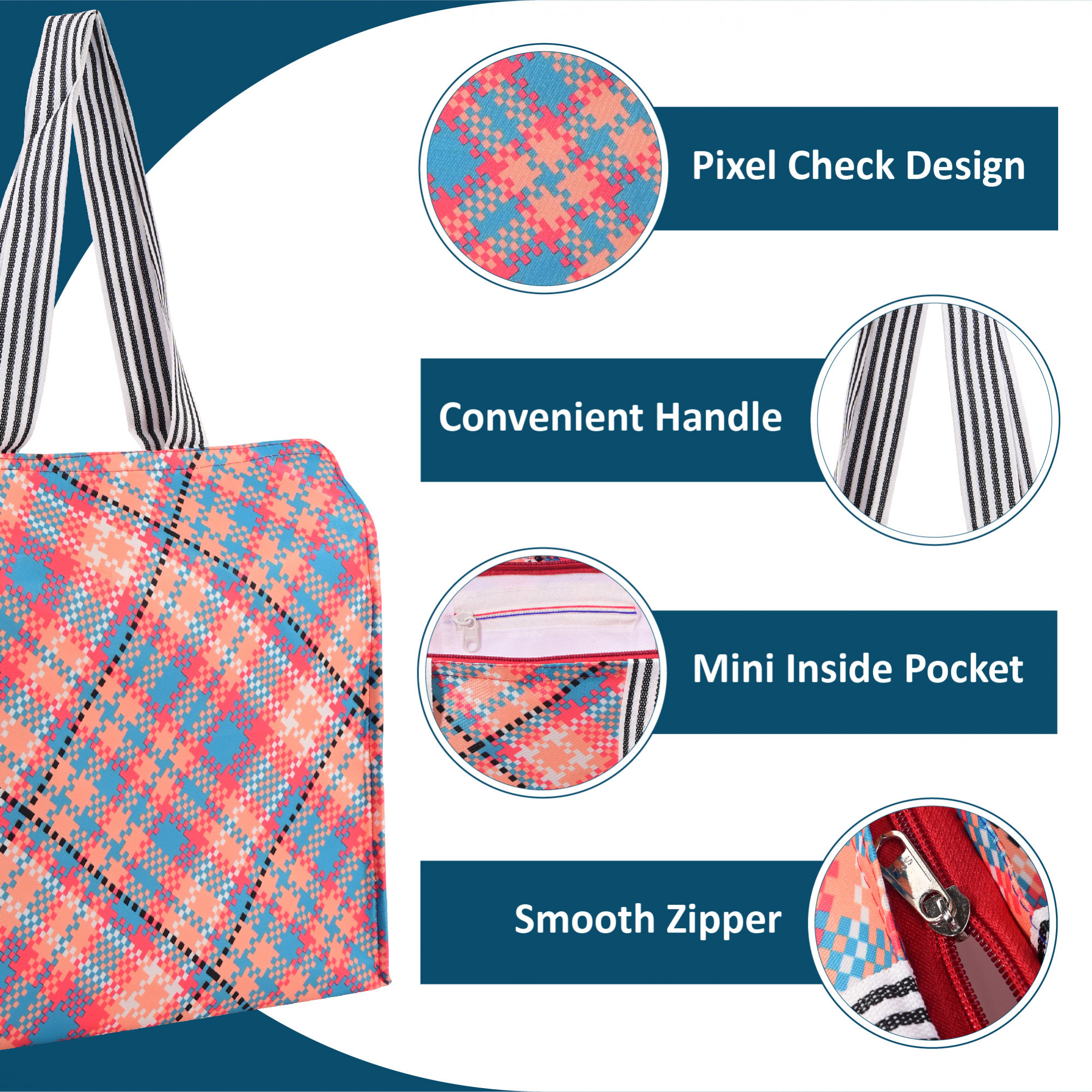 Kuber Industries Polyester Office Lunch Bag for Men  Women  Multi-Purpose Travel Tiffin Carry Bag  Perfect for Picnic College School Use  Shopping  Grocery Bag  Pixel Check - Orange