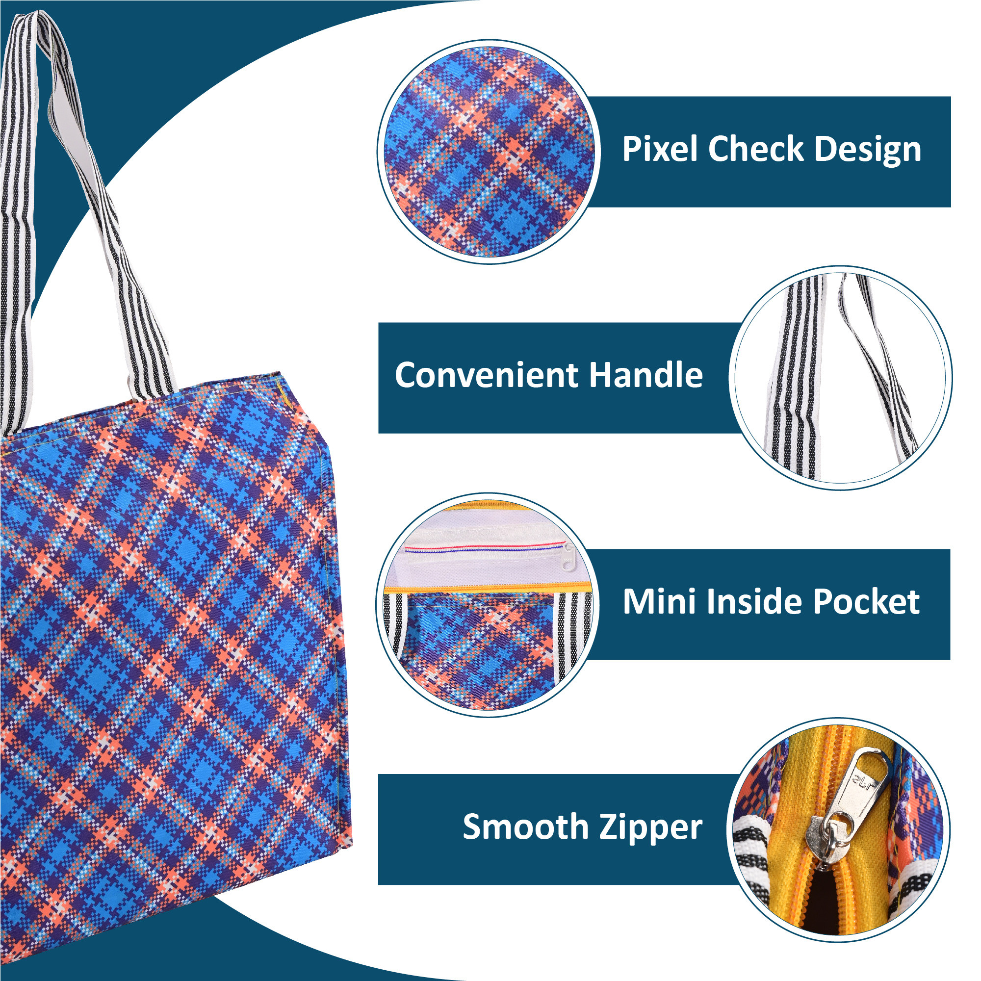 Kuber Industries Polyester Office Lunch Bag for Men  Women  Multi-Purpose Travel Tiffin Carry Bag  Perfect for Picnic College School Use  Shopping  Grocery Bag  Pixel Check - Blue