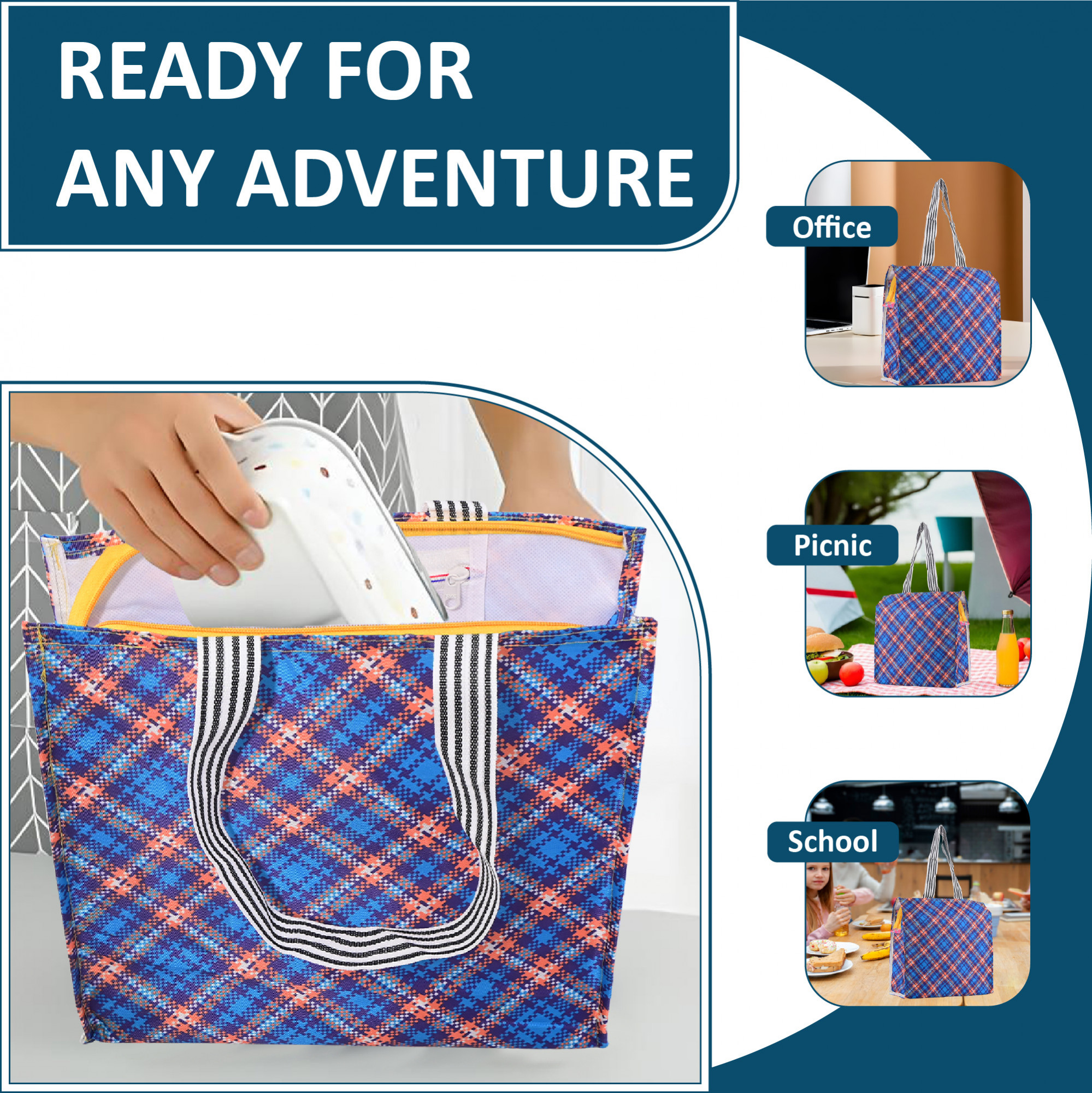 Kuber Industries Polyester Office Lunch Bag for Men  Women  Multi-Purpose Travel Tiffin Carry Bag  Perfect for Picnic College School Use  Shopping  Grocery Bag  Pixel Check - Blue