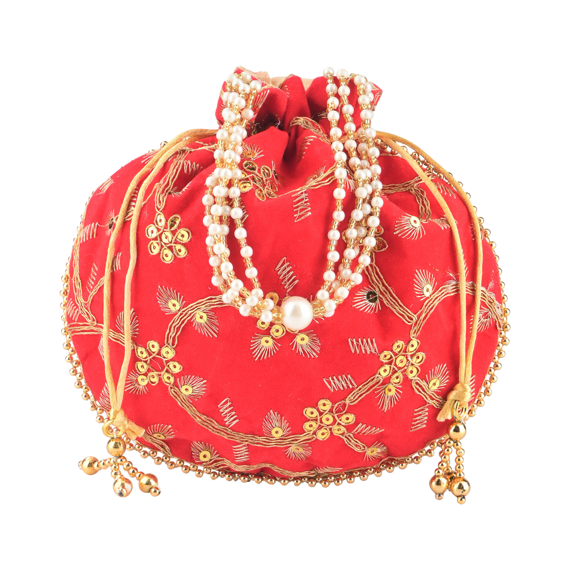 Kuber Industries Polyester Potli Bags for Women  Traditional Indian Zari Work Potli Bag  Ladies Batwa Purse for Return Gifts  Drawstring Handbag  Khajoor Wristlets - Red