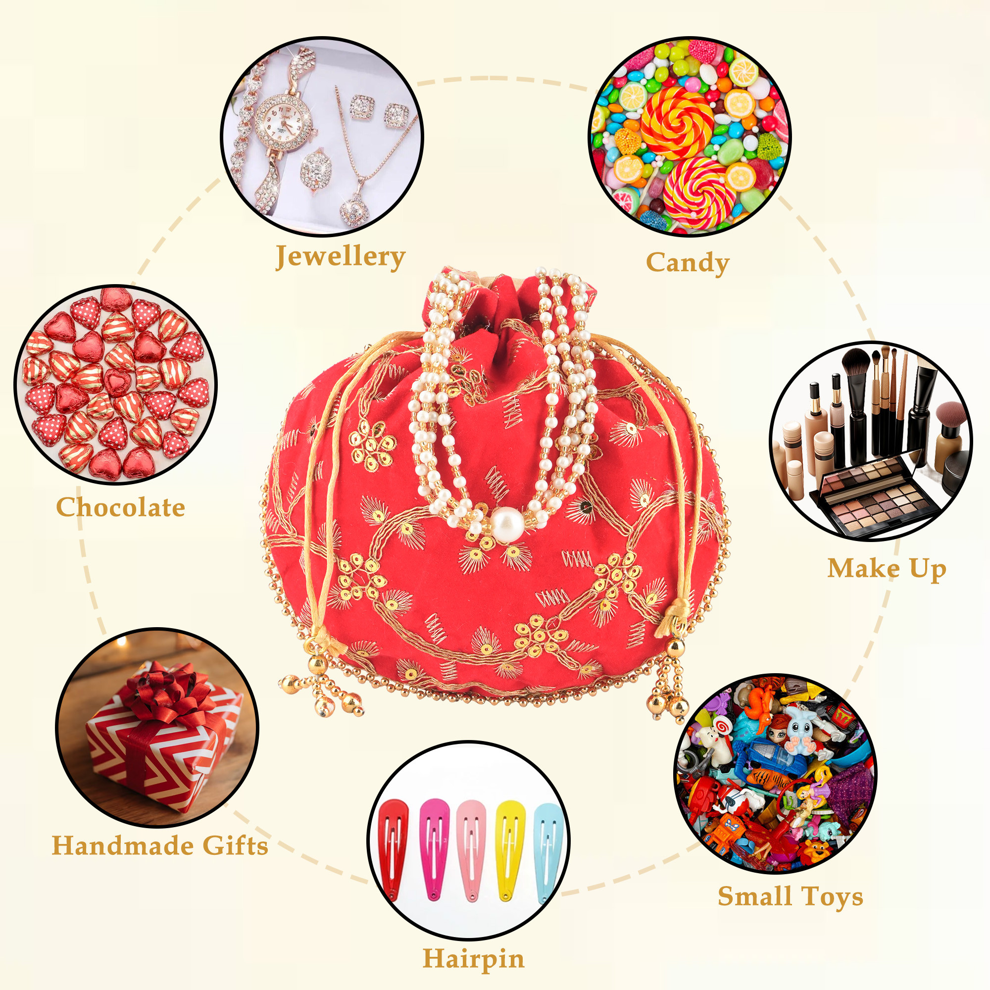 Kuber Industries Polyester Potli Bags for Women  Traditional Indian Zari Work Potli Bag  Ladies Batwa Purse for Return Gifts  Drawstring Handbag  Khajoor Wristlets - Red