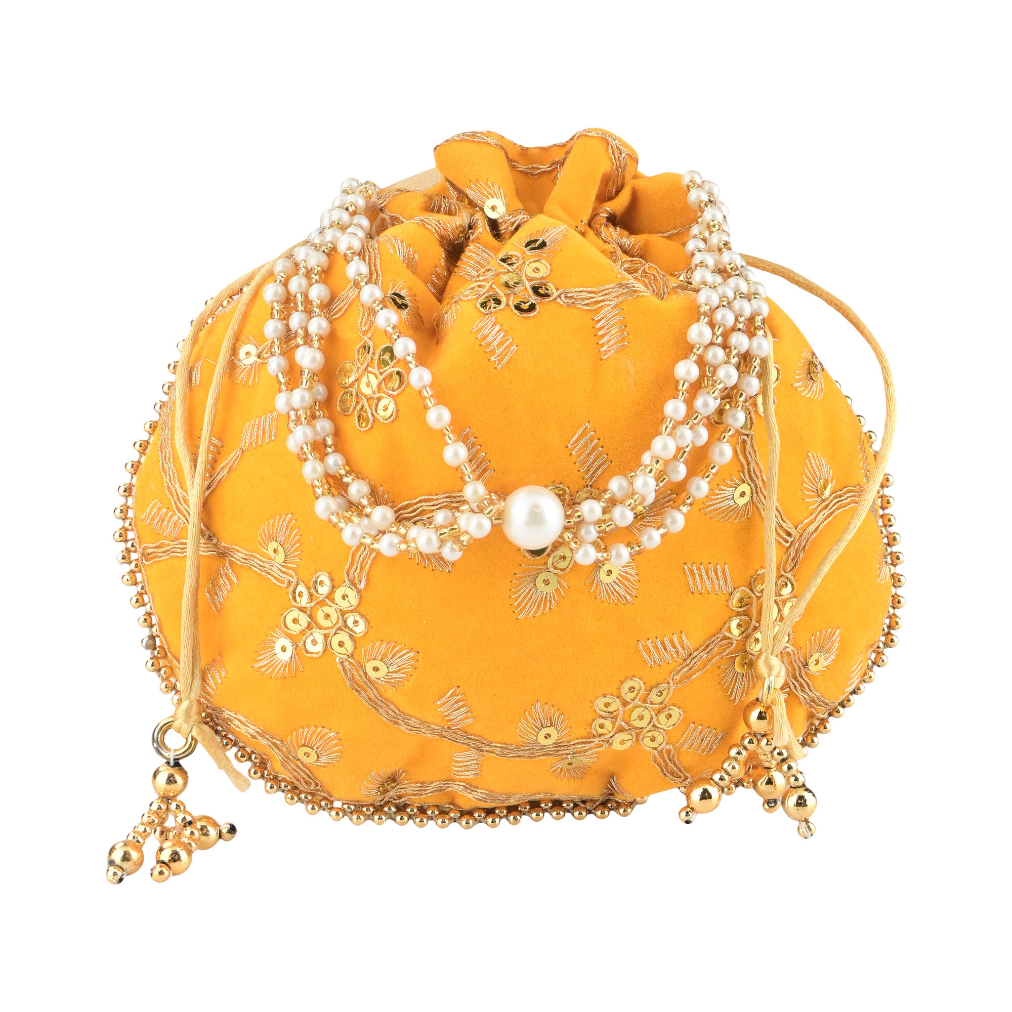 Kuber Industries Polyester Potli Bags for Women  Traditional Indian Zari Work Potli Bag  Ladies Batwa Purse for Return Gifts  Drawstring Handbag  Khajoor Wristlets - Yellow
