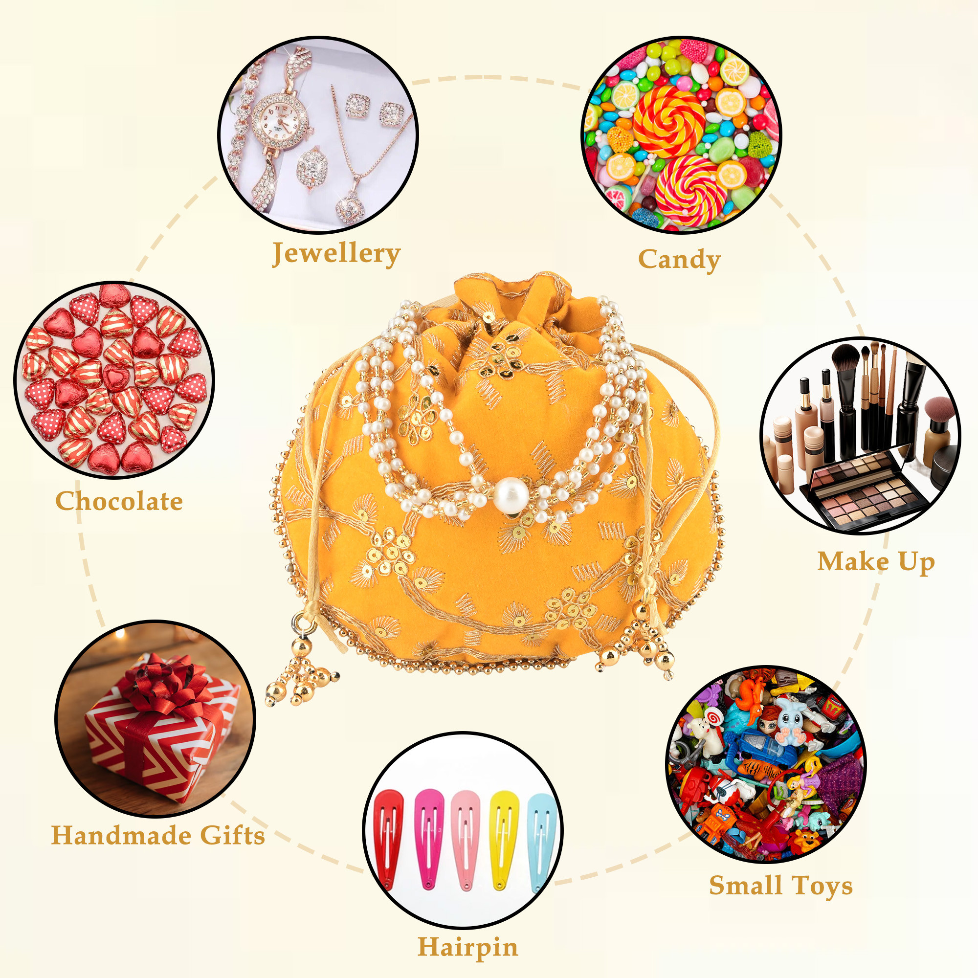 Kuber Industries Polyester Potli Bags for Women  Traditional Indian Zari Work Potli Bag  Ladies Batwa Purse for Return Gifts  Drawstring Handbag  Khajoor Wristlets - Yellow