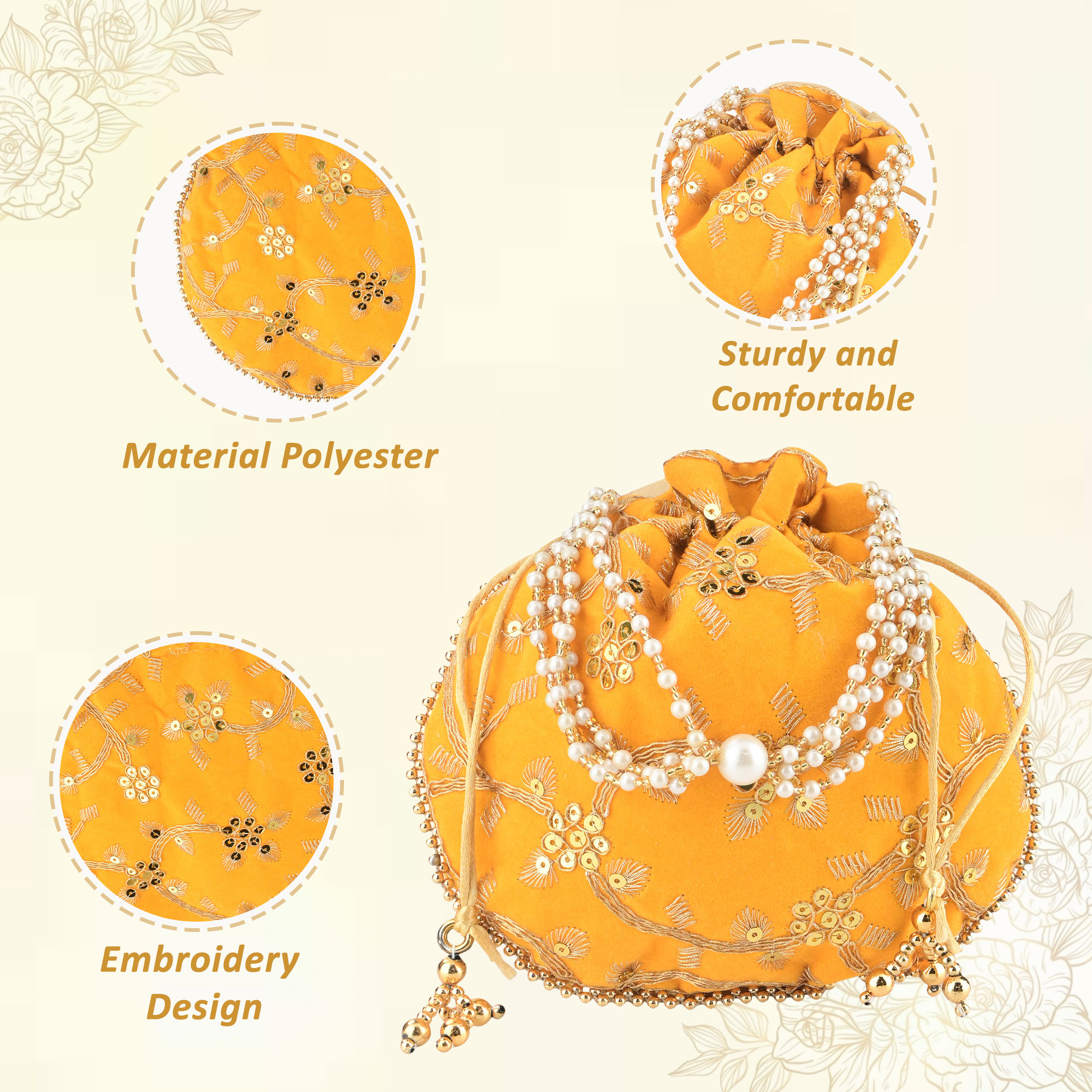 Kuber Industries Polyester Potli Bags for Women  Traditional Indian Zari Work Potli Bag  Ladies Batwa Purse for Return Gifts  Drawstring Handbag  Khajoor Wristlets - Yellow
