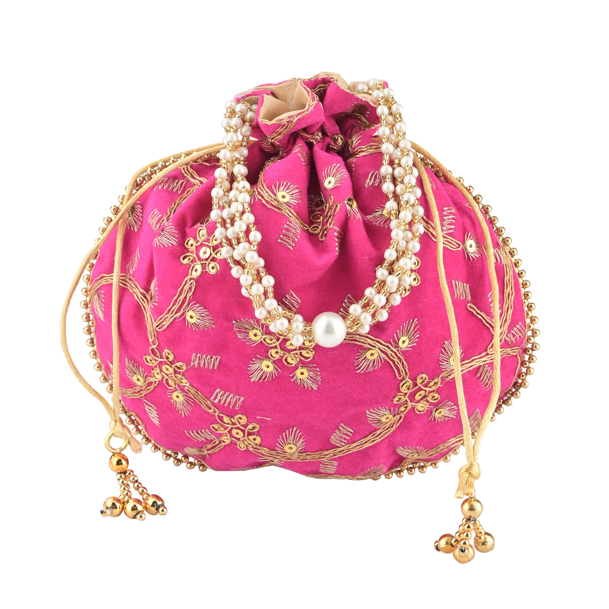 Kuber Industries Polyester Potli Bags for Women  Traditional Indian Zari Work Potli Bag  Ladies Batwa Purse for Return Gifts  Drawstring Handbag  Khajoor Wristlets - Pink