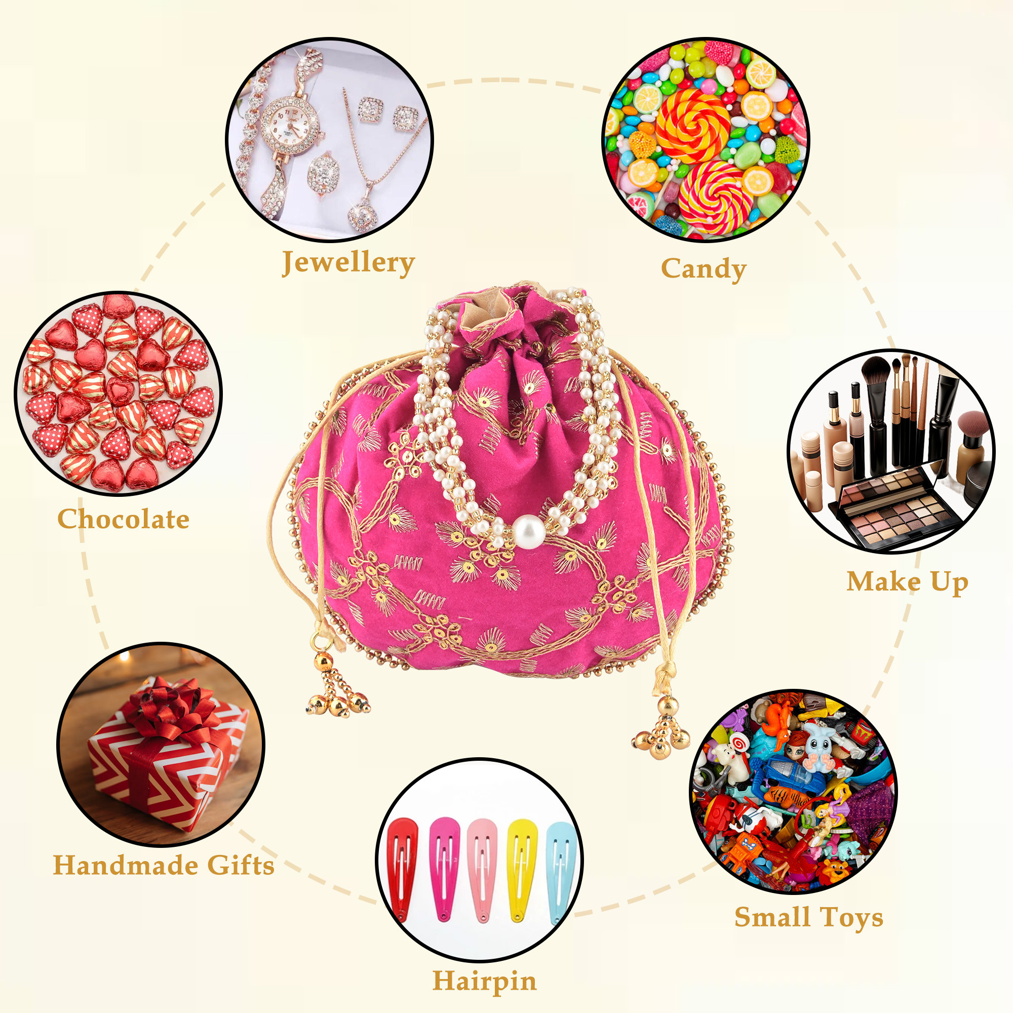Kuber Industries Polyester Potli Bags for Women  Traditional Indian Zari Work Potli Bag  Ladies Batwa Purse for Return Gifts  Drawstring Handbag  Khajoor Wristlets - Pink