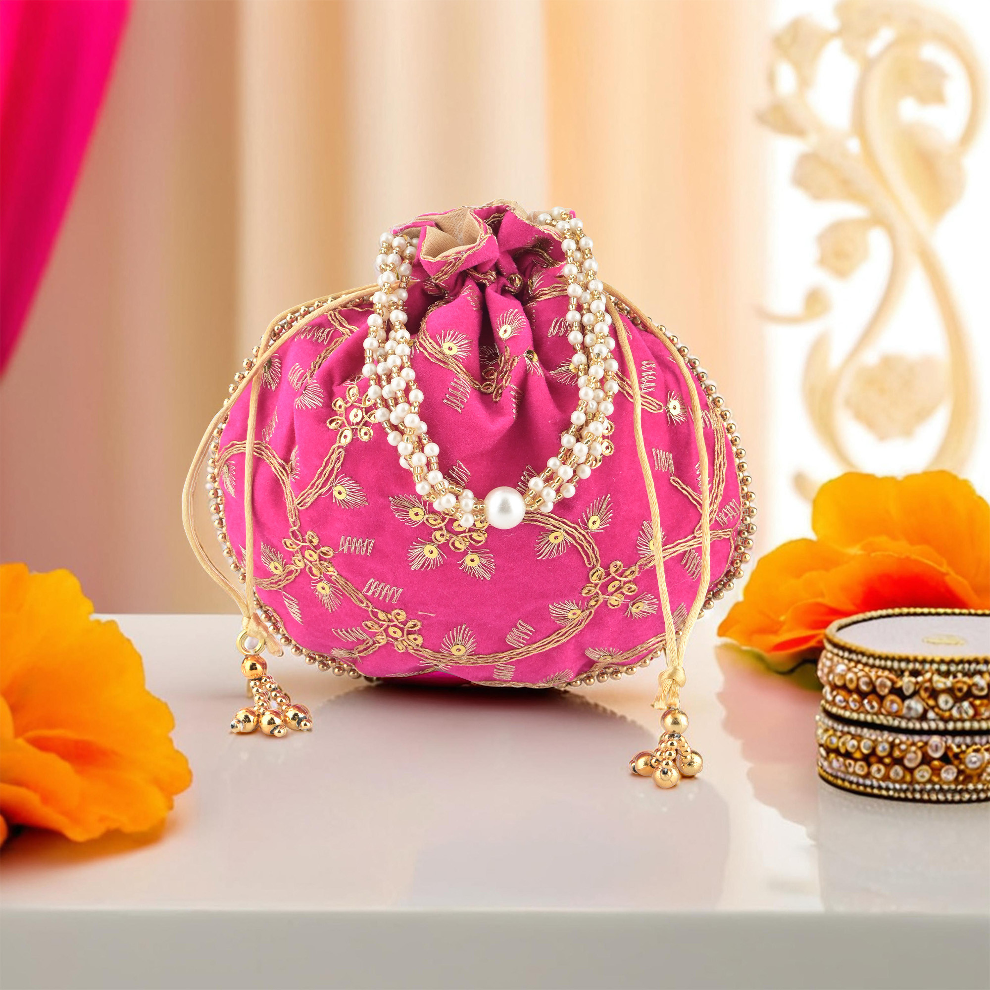 Polyester Potli Bags for Women Traditional Indian Zari Work Potli Bag  Ladies Batwa Purse for Return Gifts Drawstring Handbag Khajoor  Wristlets