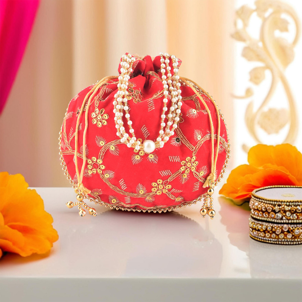 Image of Kuber Industries Polyester Potli Bags for Women | Traditional Indian Zari Work Potli Bag | Ladies Batwa Purse for Return Gifts | Drawstring Handbag &amp; Khajoor Wristlets - Red