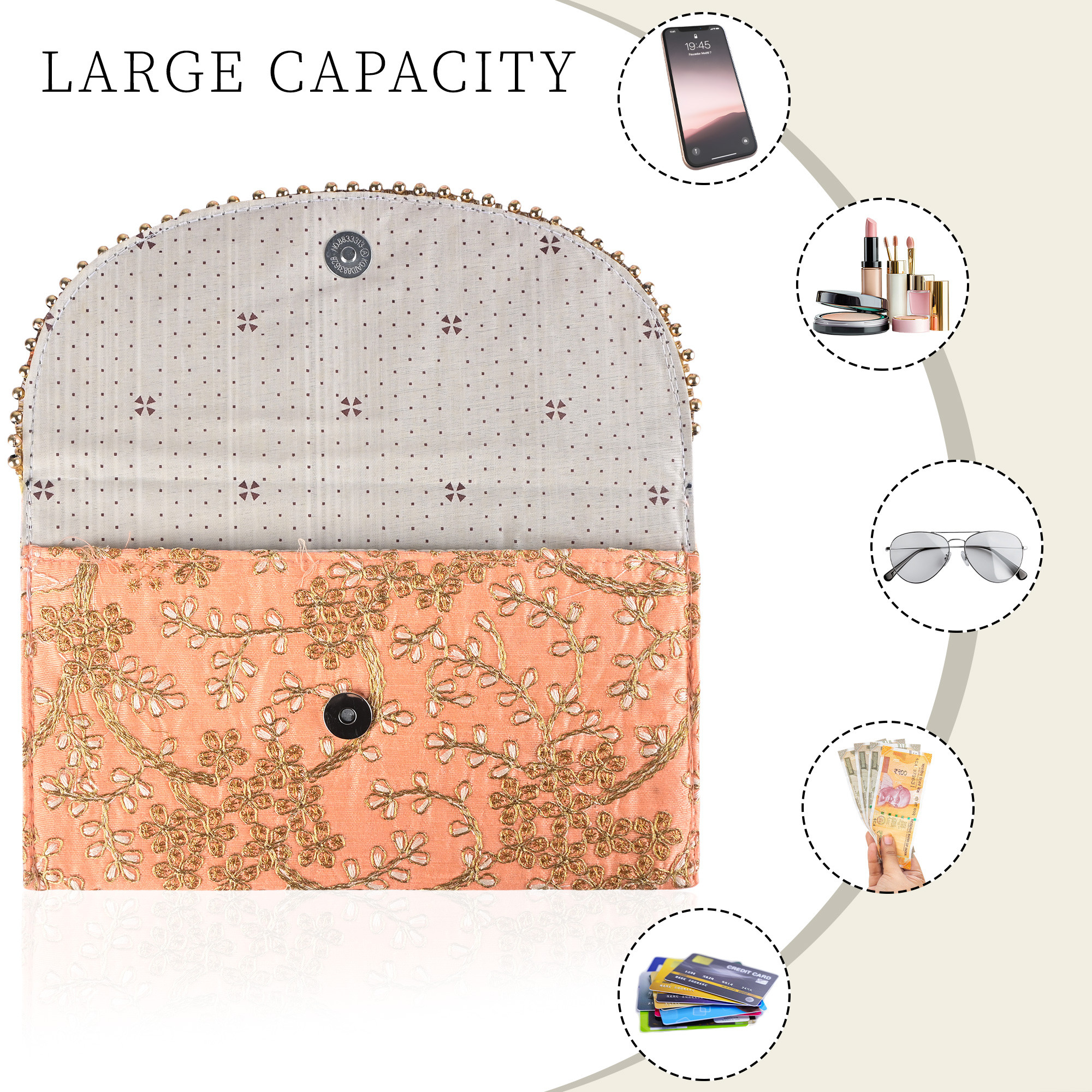 Kuber Industries Polyester Purse for Women with Magnetic Closure  Lightweight  Compact Ladies Purse for Travelling Party Wedding  Events  Moti Design - Peach