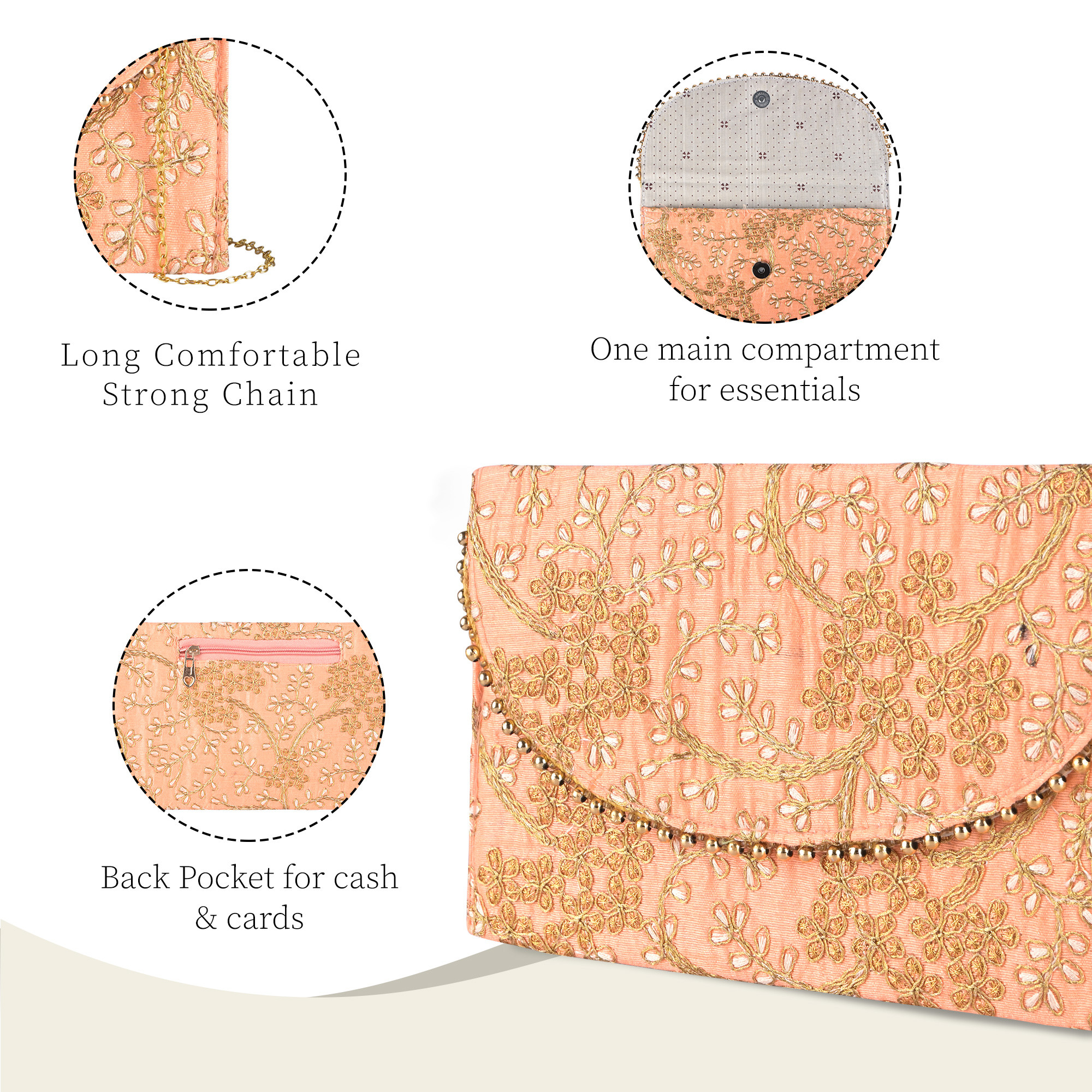 Kuber Industries Polyester Purse for Women with Magnetic Closure  Lightweight  Compact Ladies Purse for Travelling Party Wedding  Events  Moti Design - Peach