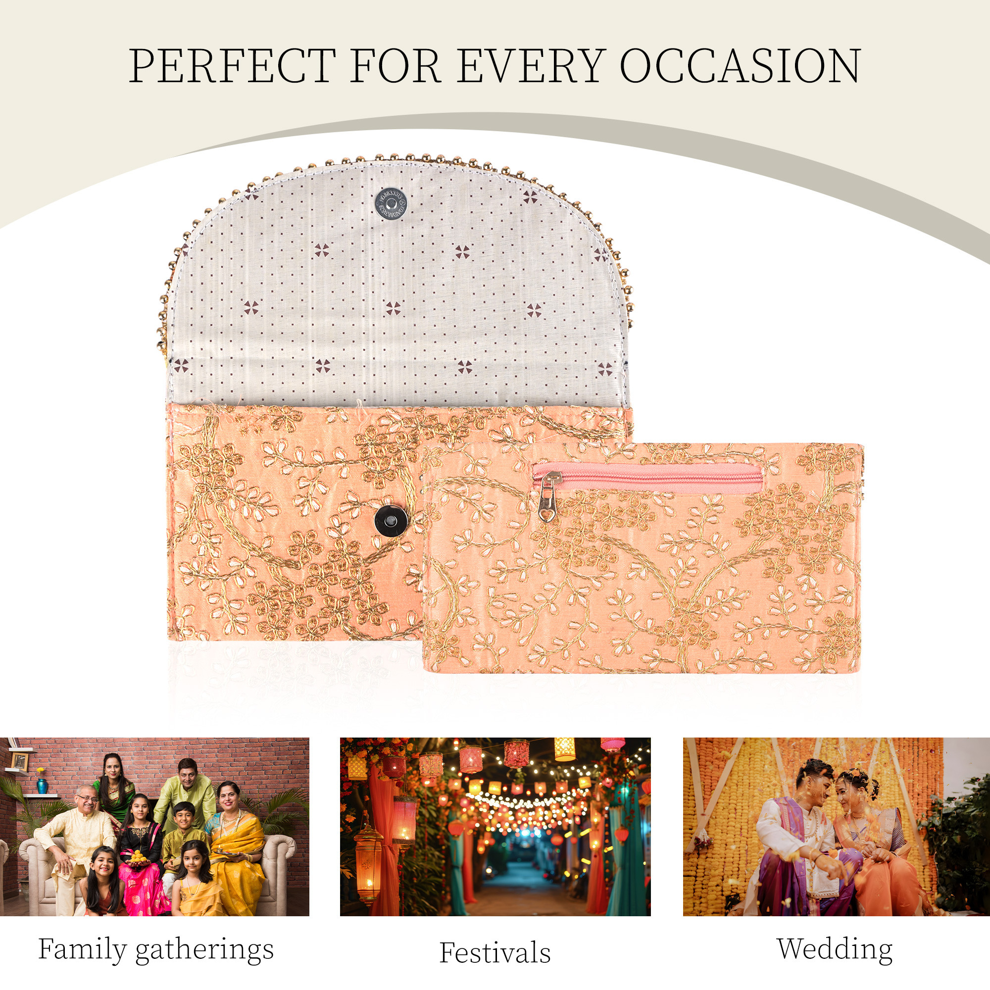 Kuber Industries Polyester Purse for Women with Magnetic Closure  Lightweight  Compact Ladies Purse for Travelling Party Wedding  Events  Moti Design - Peach