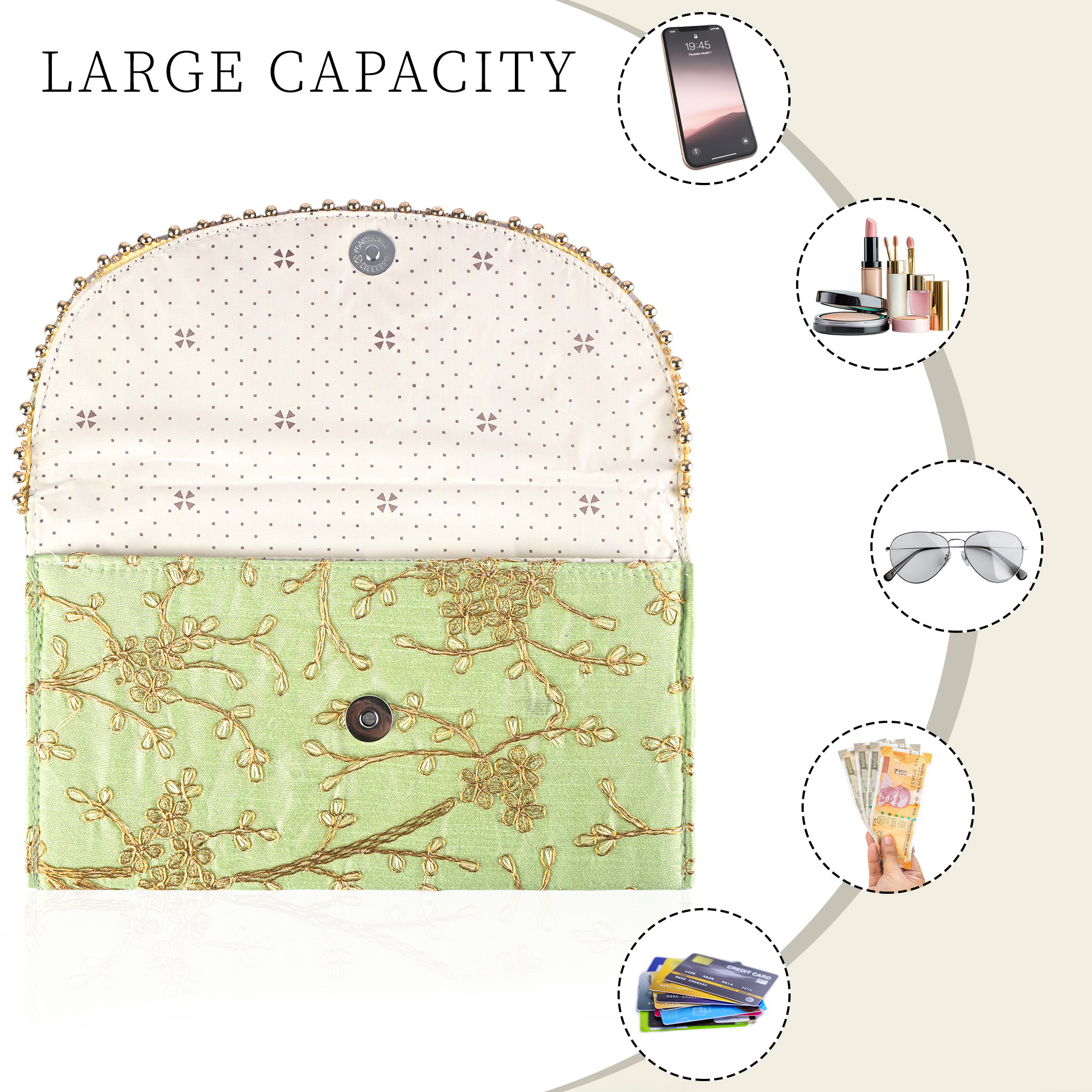 Kuber Industries Polyester Purse for Women with Magnetic Closure  Lightweight  Compact Ladies Purse for Travelling Party Wedding  Events  Moti Design - Green