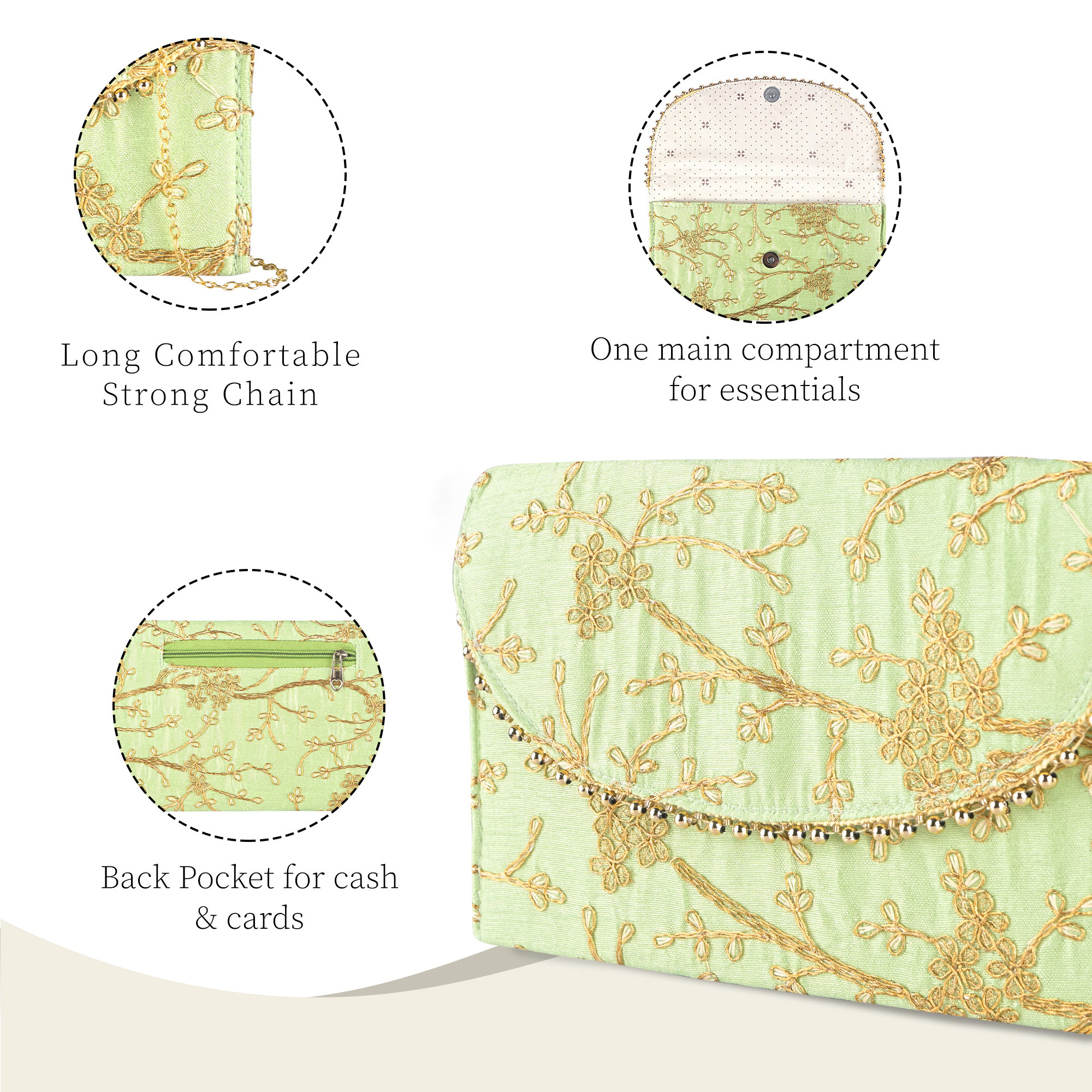 Kuber Industries Polyester Purse for Women with Magnetic Closure  Lightweight  Compact Ladies Purse for Travelling Party Wedding  Events  Moti Design - Green