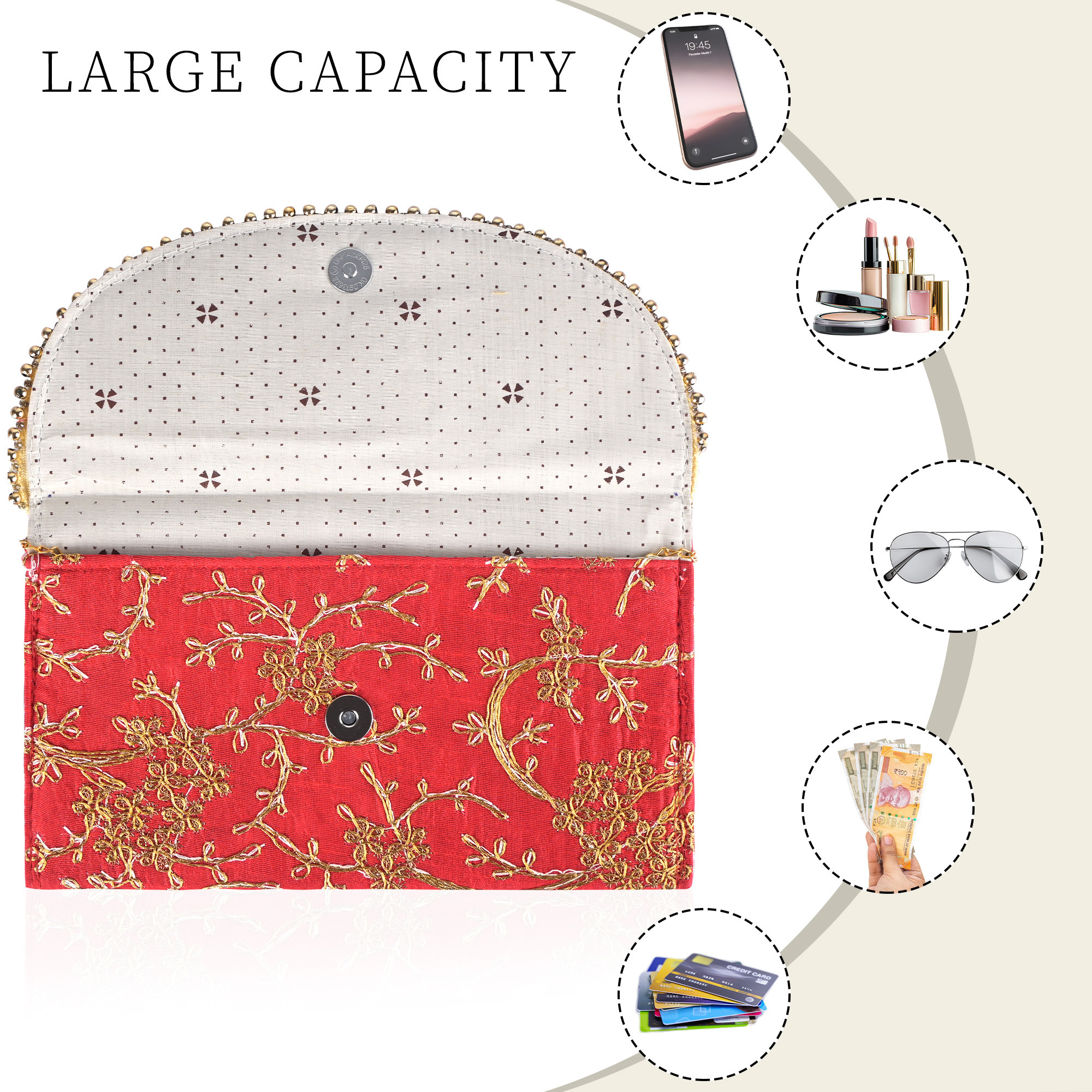 Kuber Industries Polyester Purse for Women with Magnetic Closure  Lightweight  Compact Ladies Purse for Travelling Party Wedding  Events  Moti Design - Red