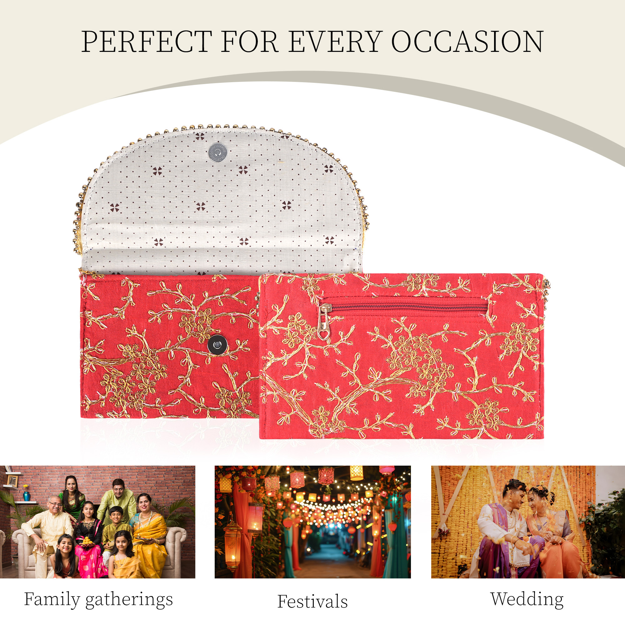 Kuber Industries Polyester Purse for Women with Magnetic Closure  Lightweight  Compact Ladies Purse for Travelling Party Wedding  Events  Moti Design - Red