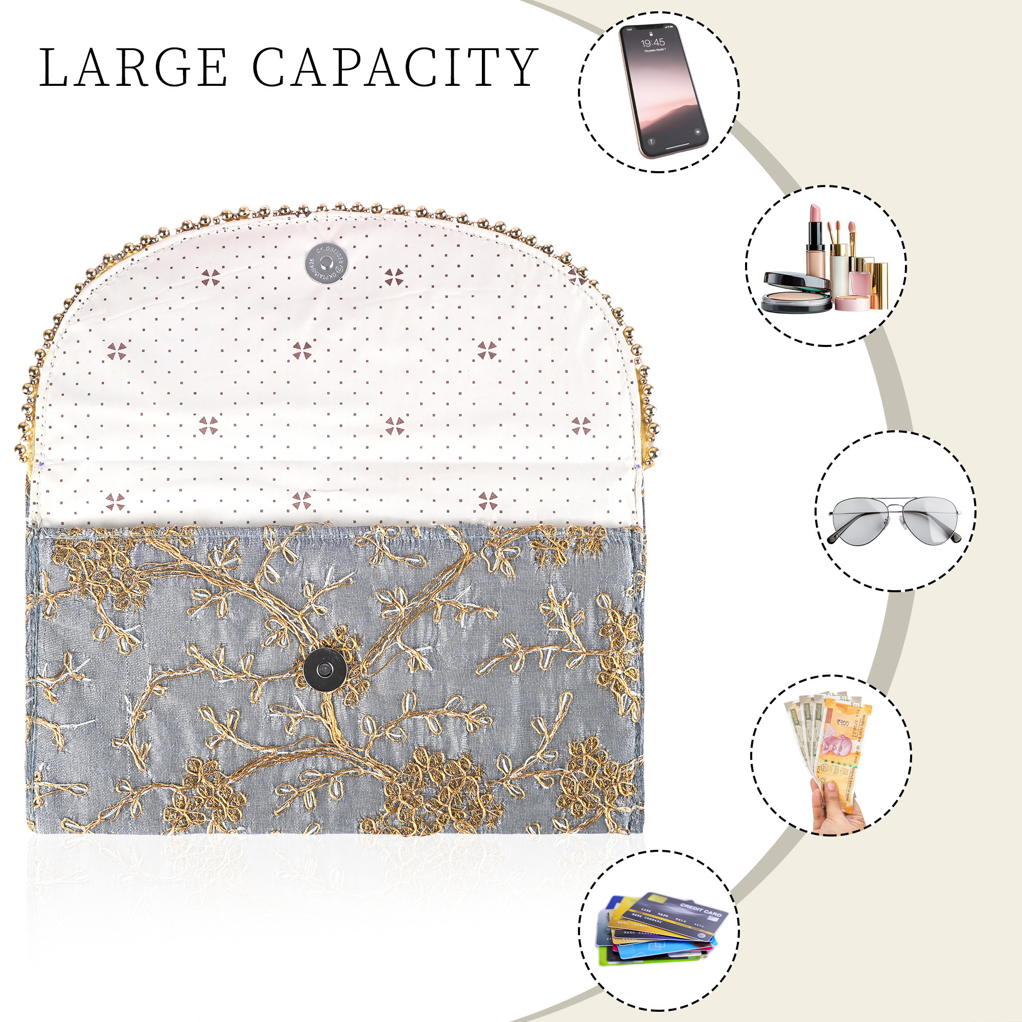 Kuber Industries Polyester Purse for Women with Magnetic Closure  Lightweight  Compact Ladies Purse for Travelling Party Wedding  Events  Moti Design - Grey