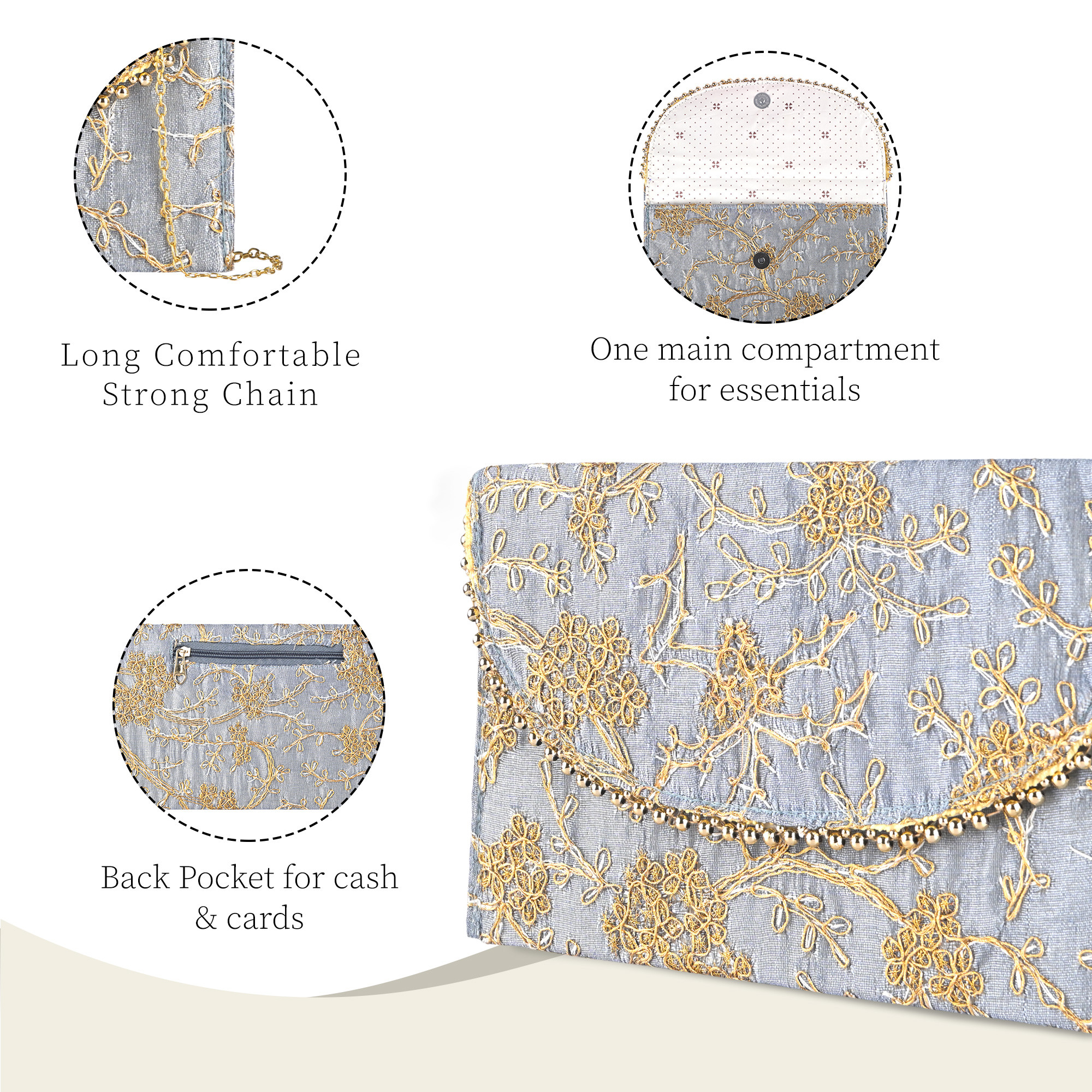 Kuber Industries Polyester Purse for Women with Magnetic Closure  Lightweight  Compact Ladies Purse for Travelling Party Wedding  Events  Moti Design - Grey