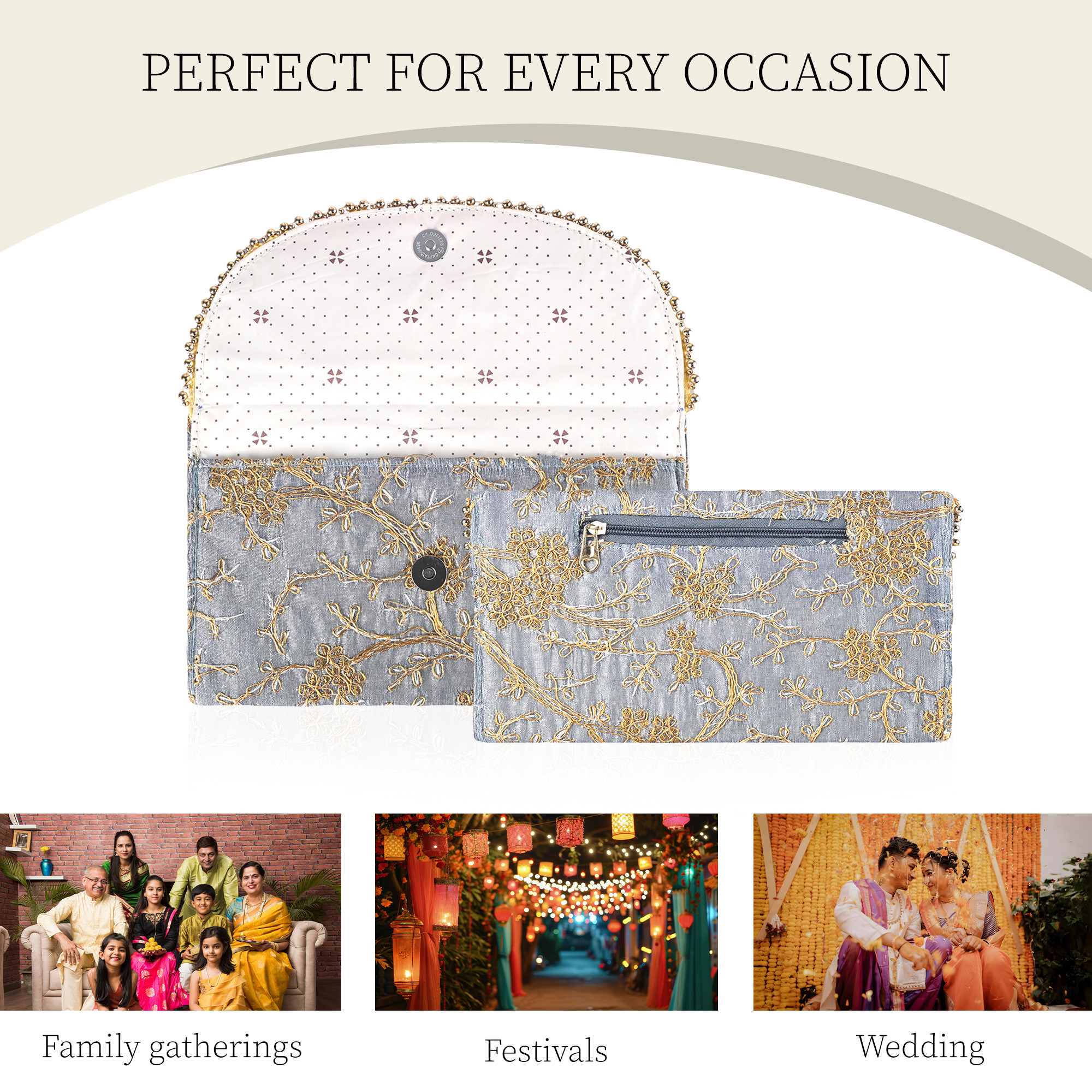 Kuber Industries Polyester Purse for Women with Magnetic Closure  Lightweight  Compact Ladies Purse for Travelling Party Wedding  Events  Moti Design - Grey