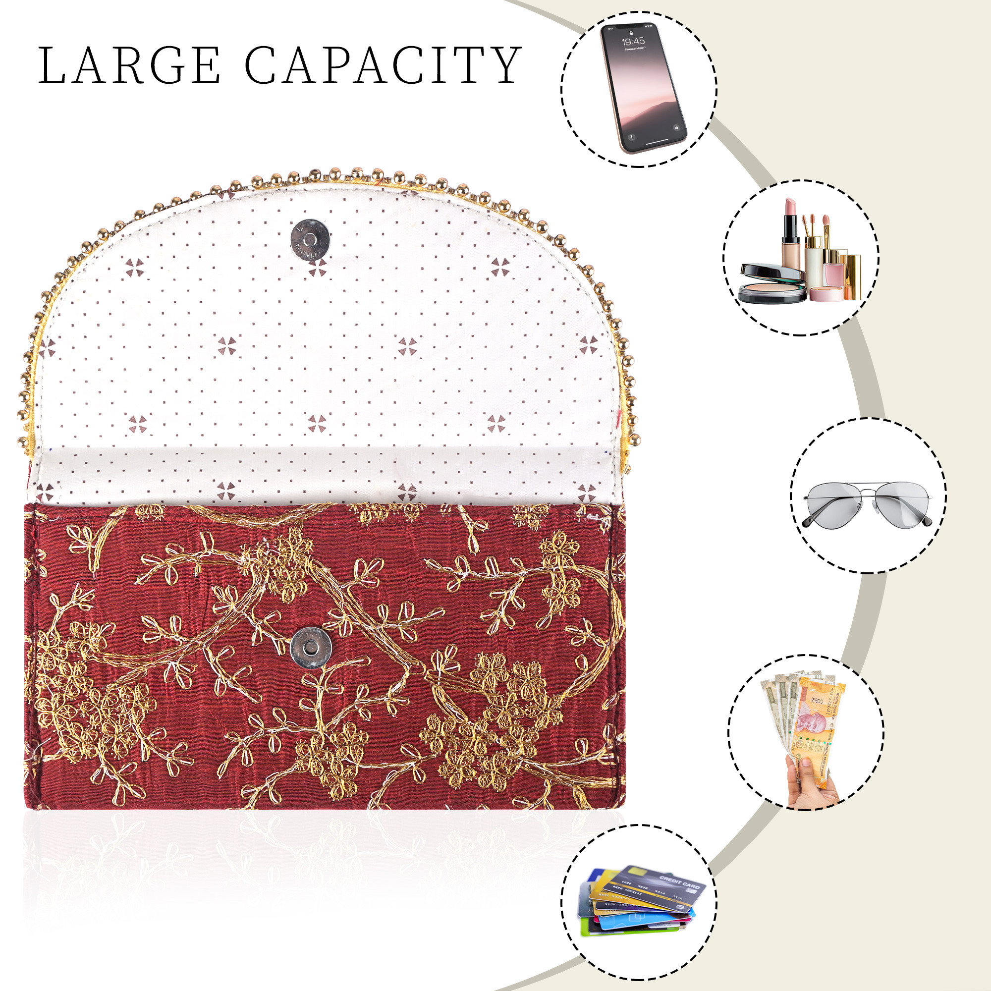 Kuber Industries Polyester Purse for Women with Magnetic Closure  Lightweight  Compact Ladies Purse for Travelling Party Wedding  Events  Moti Design - Maroon