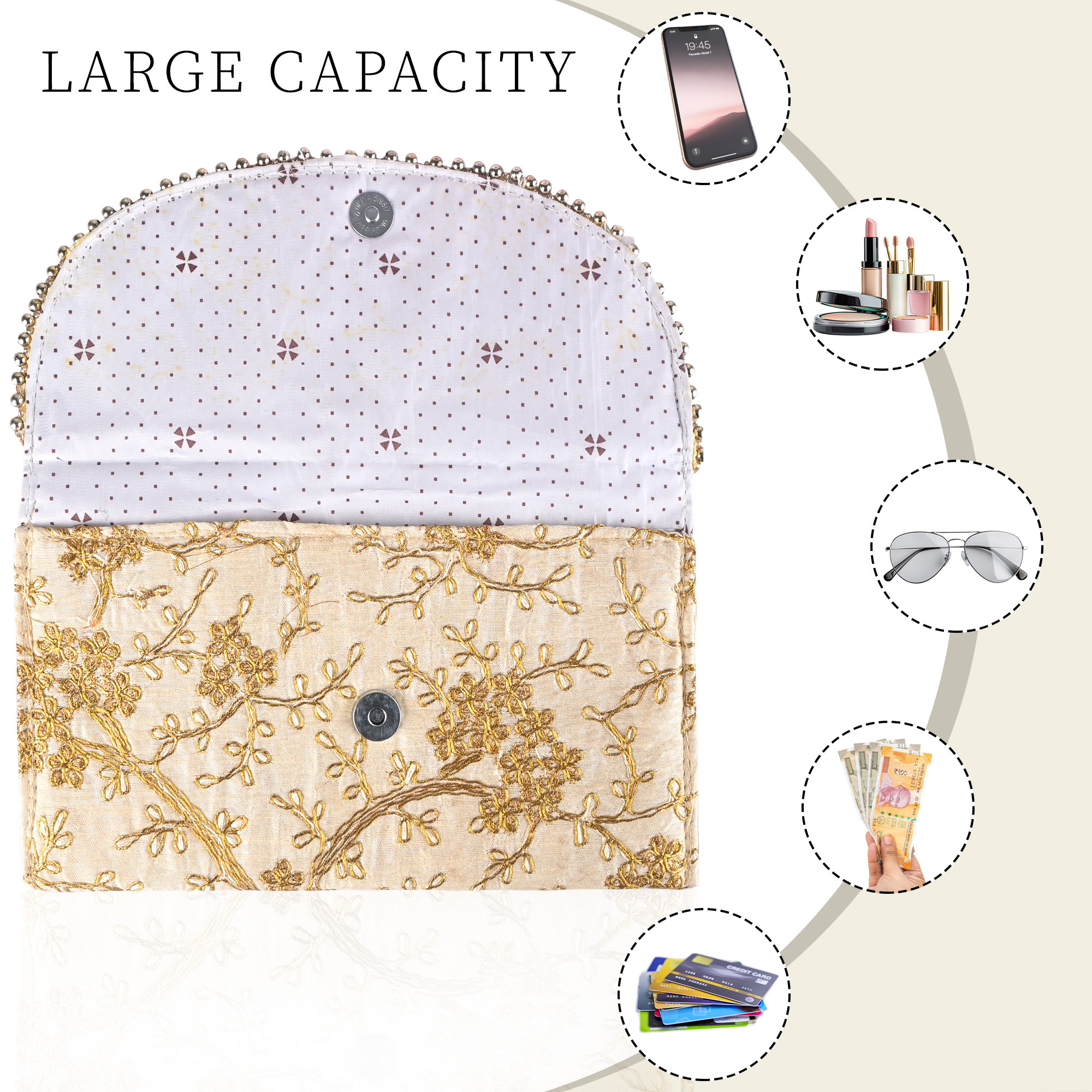 Kuber Industries Polyester Purse for Women with Magnetic Closure  Lightweight  Compact Ladies Purse for Travelling Party Wedding  Events  Moti Design - Cream