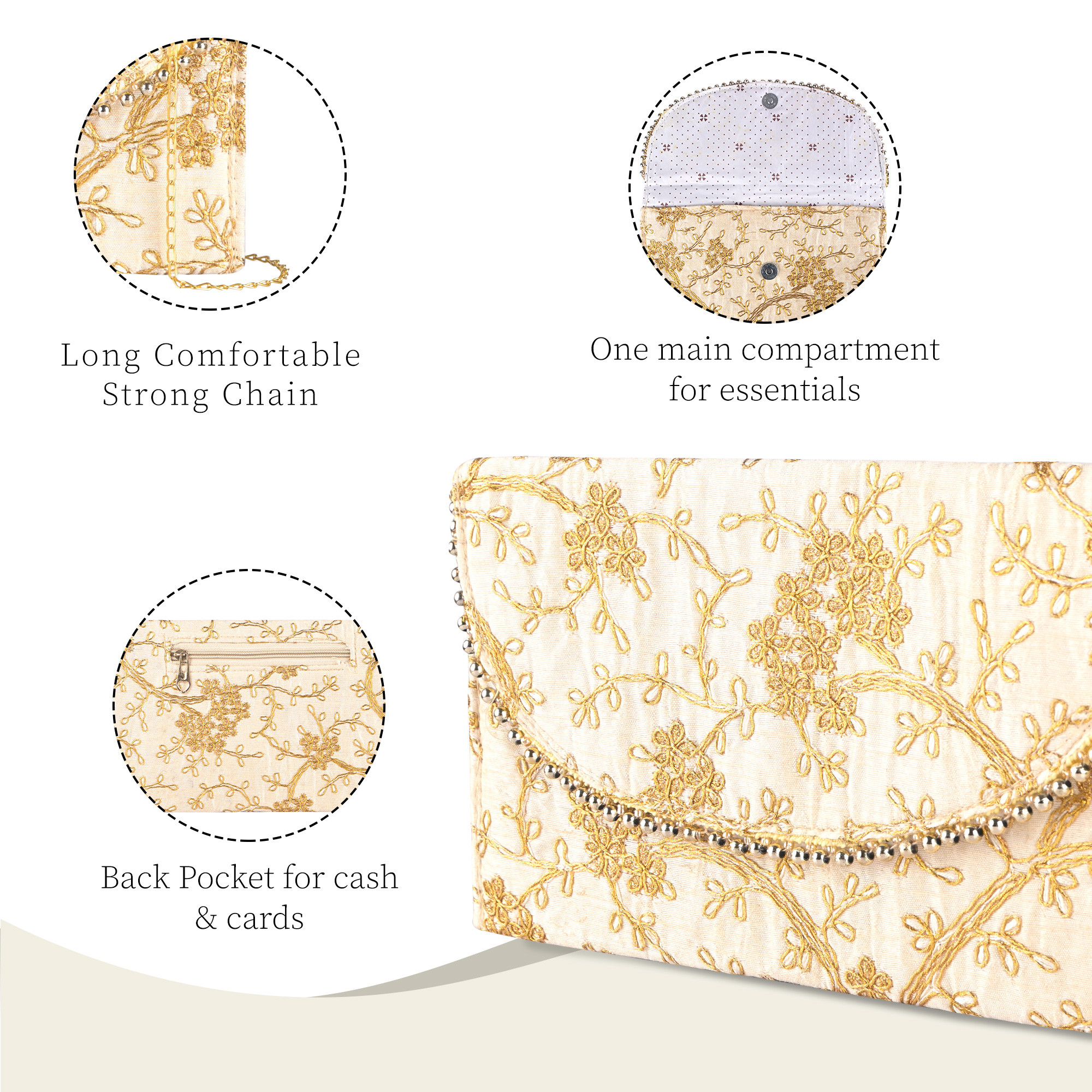 Kuber Industries Polyester Purse for Women with Magnetic Closure  Lightweight  Compact Ladies Purse for Travelling Party Wedding  Events  Moti Design - Cream