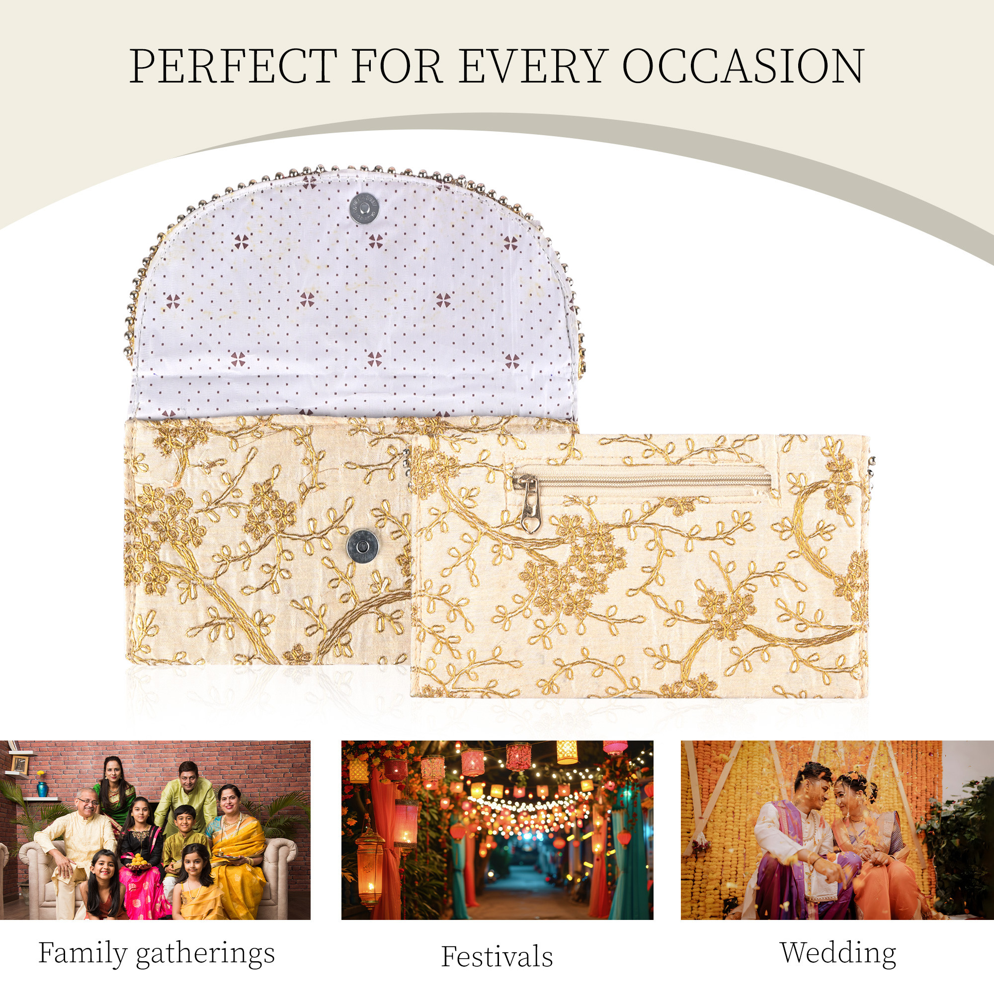 Kuber Industries Polyester Purse for Women with Magnetic Closure  Lightweight  Compact Ladies Purse for Travelling Party Wedding  Events  Moti Design - Cream