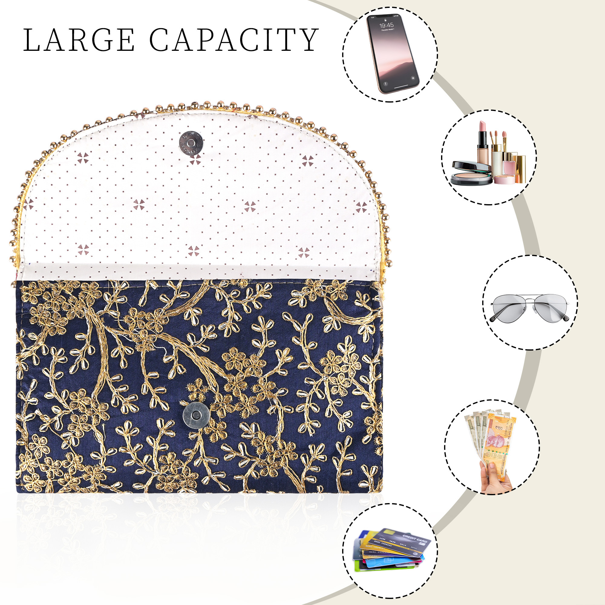 Kuber Industries Polyester Purse for Women with Magnetic Closure  Lightweight  Compact Ladies Purse for Travelling Party Wedding  Events  Moti Design - Blue